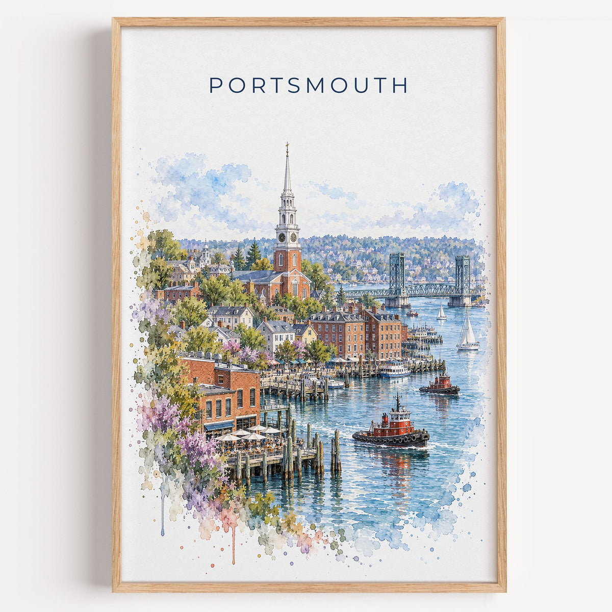 Portsmouth, New Hampshire watercolor print in a light oak frame on a plain white wall