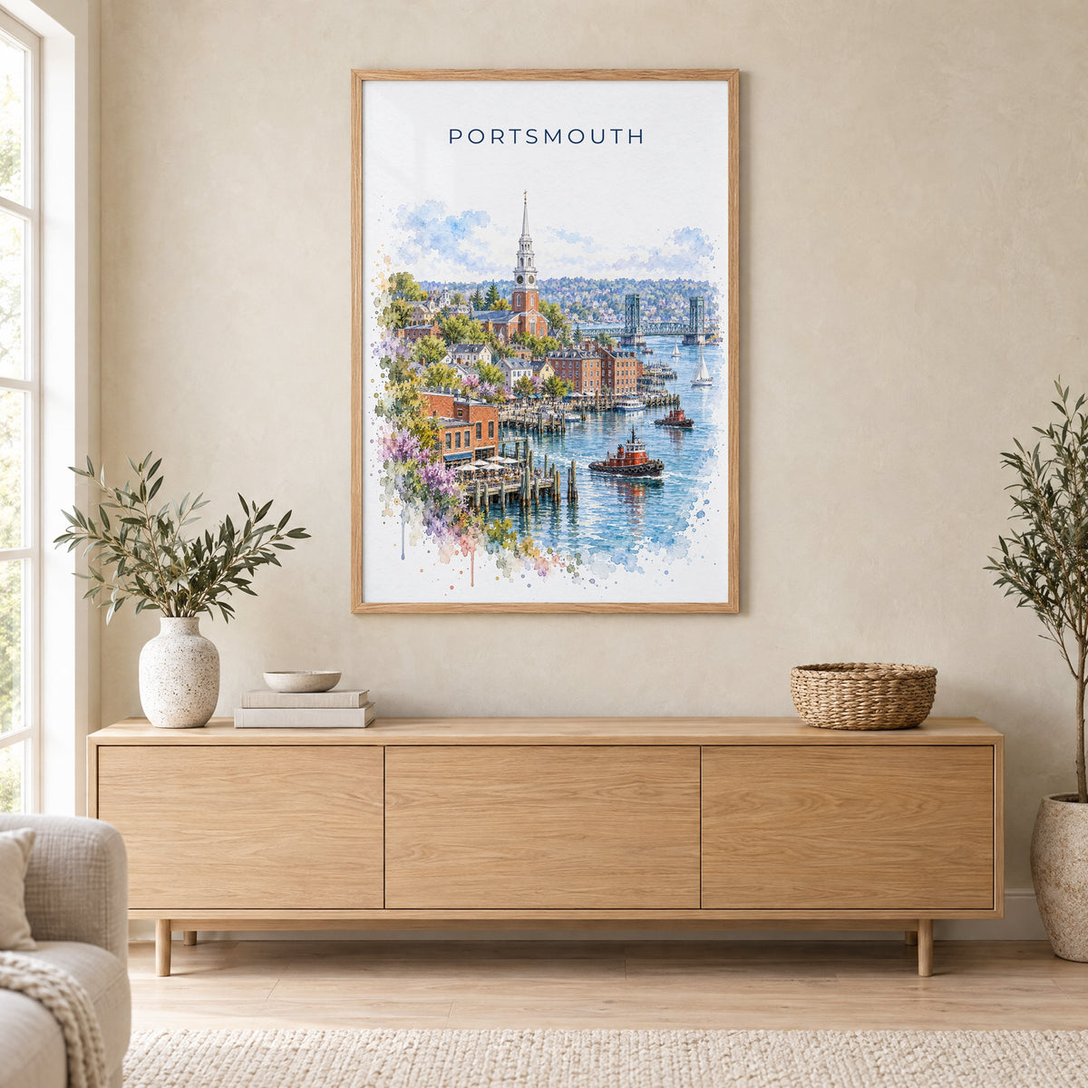 Portsmouth, New Hampshire watercolor print in an oak frame above a light wood sideboard in a Scandinavian living room