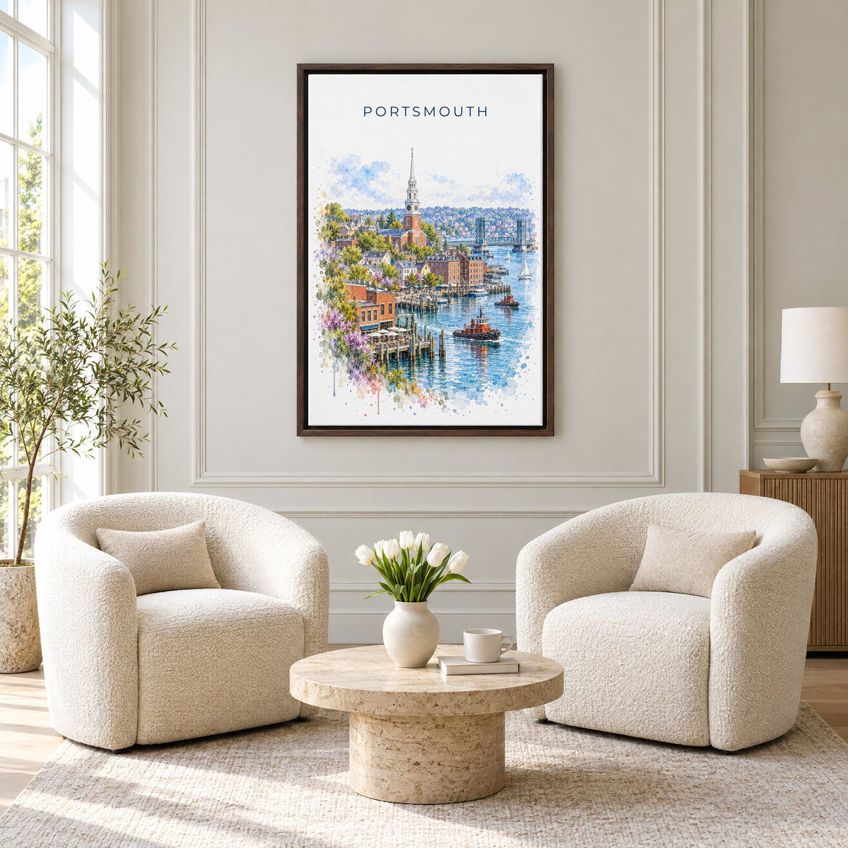 Portsmouth, New Hampshire watercolor print as an espresso floater canvas above two boucle armchairs in a hotel lounge