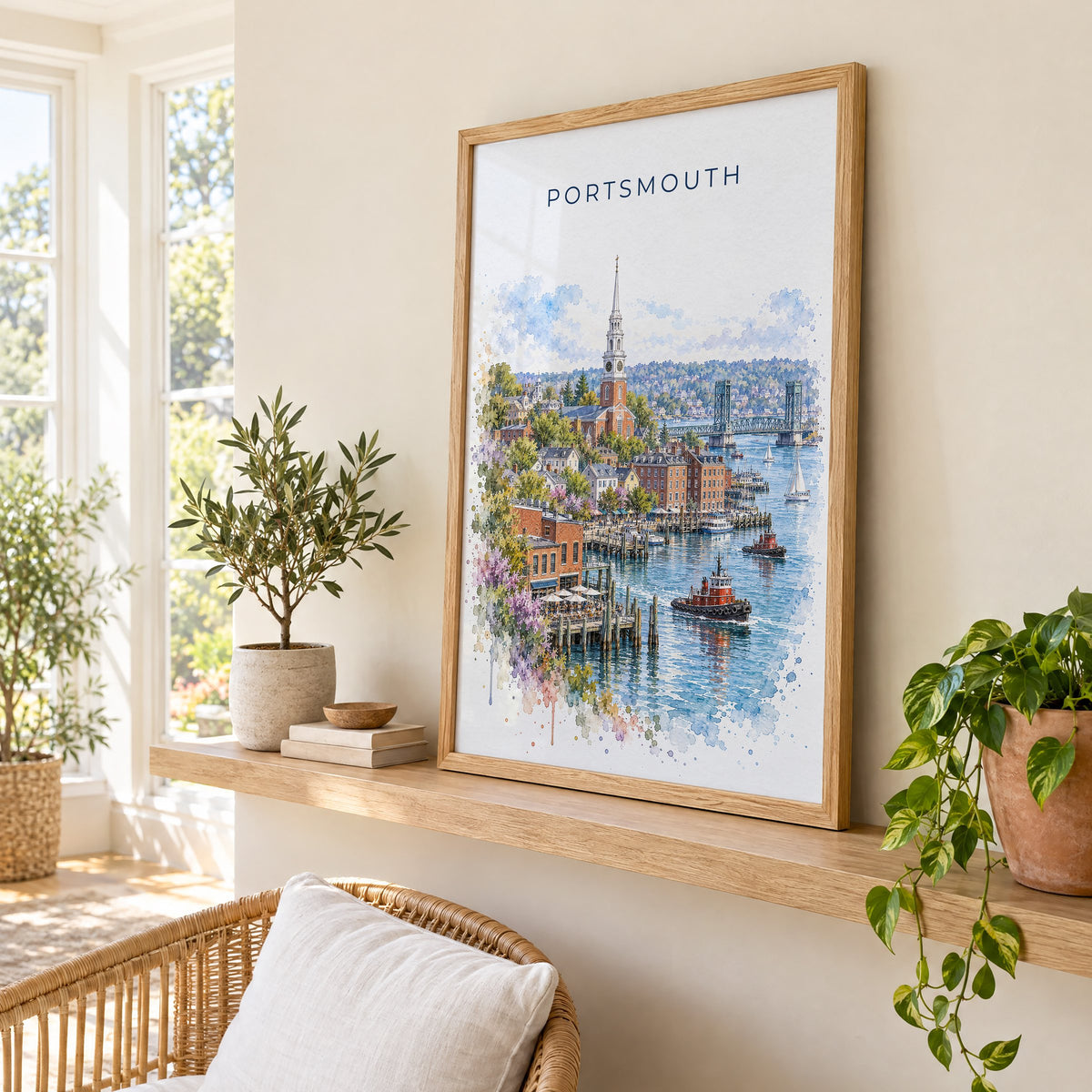 Portsmouth, New Hampshire watercolor print in an oak frame on a picture ledge in a sunlit sunroom