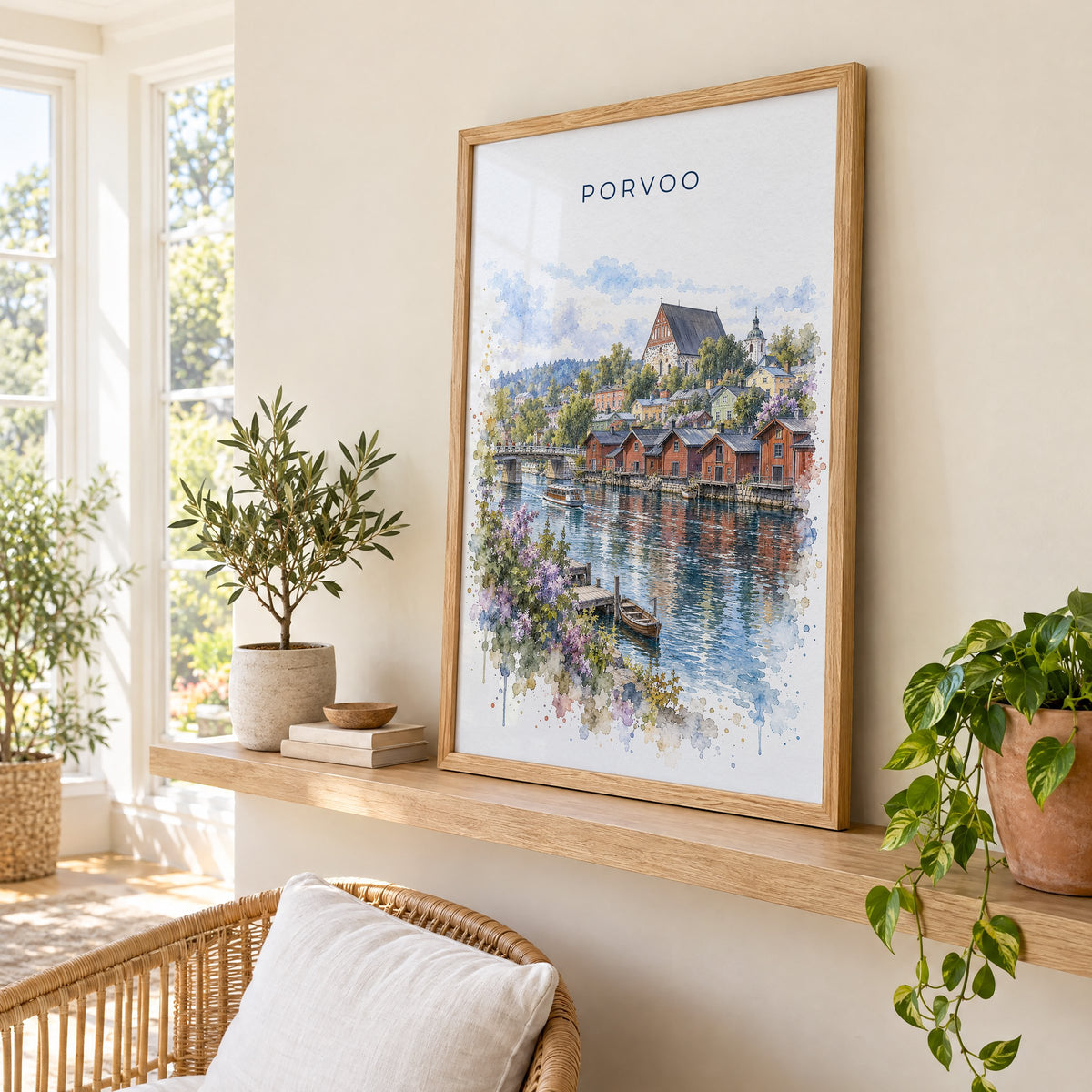 Porvoo watercolor print in an oak frame on a picture ledge in a sunlit sunroom