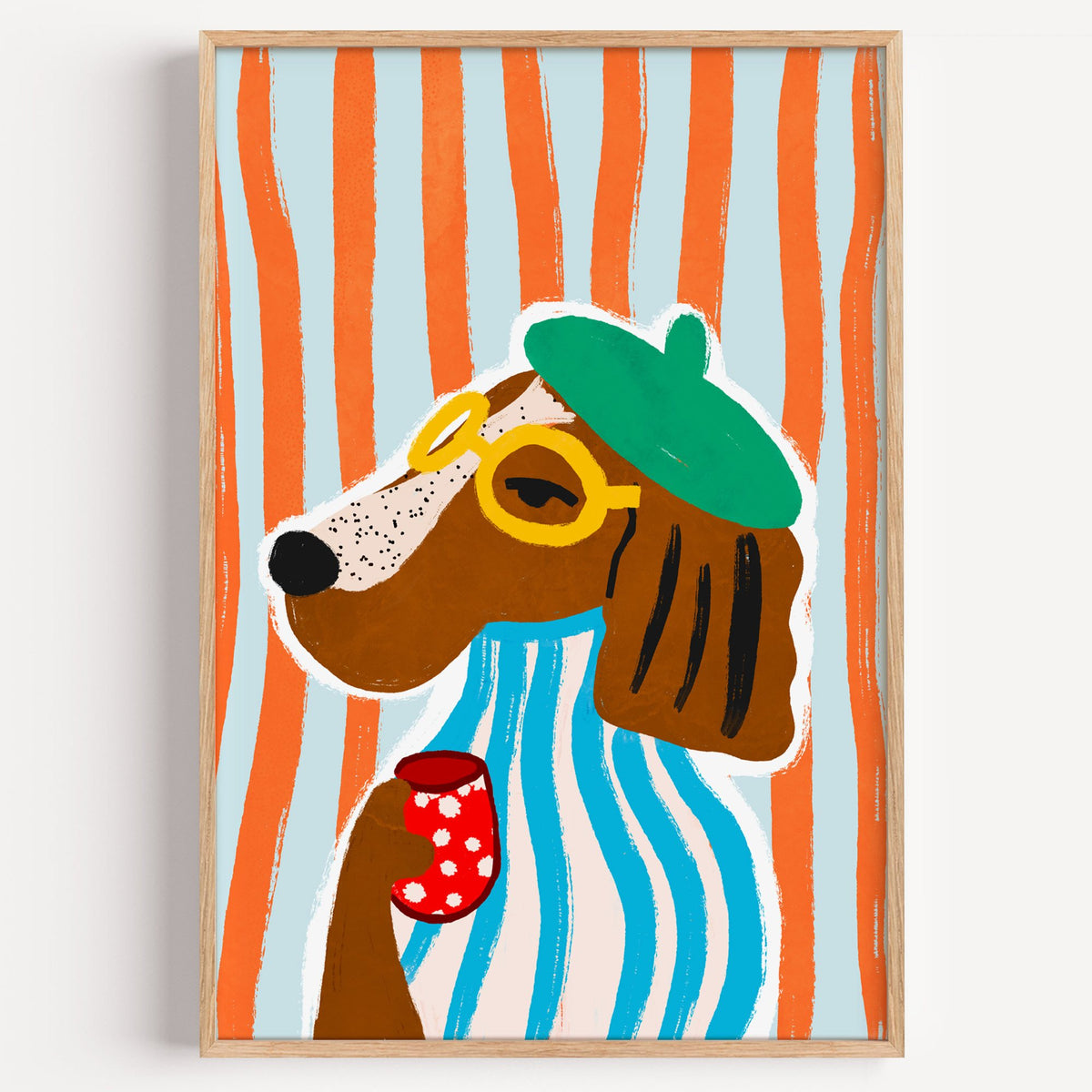 Posh dog in green beret nursery print in a light oak frame on a plain white wall