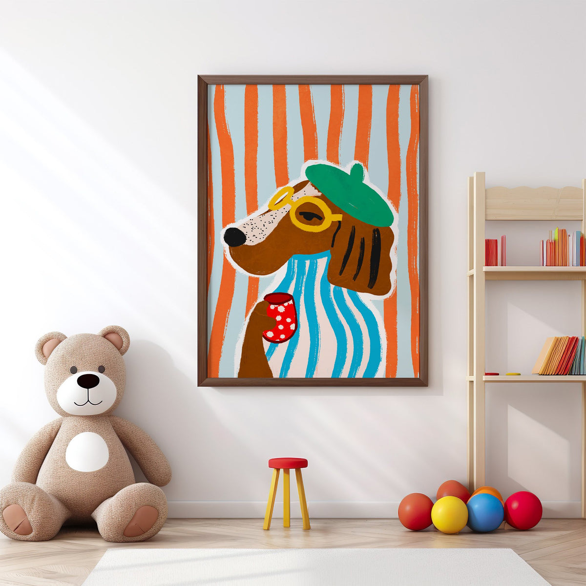 Posh dog in green beret nursery print in a walnut frame above a big teddy bear by a bookshelf