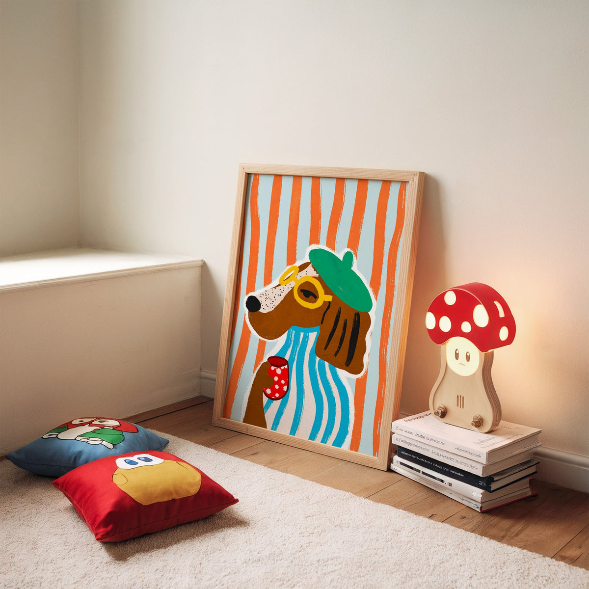 Posh dog in green beret nursery print in an oak frame leaning on a rug beside a mushroom lamp and floor cushions