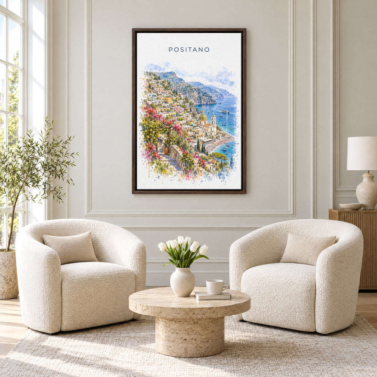 Positano watercolor print as an espresso floater canvas above two boucle armchairs in a hotel lounge