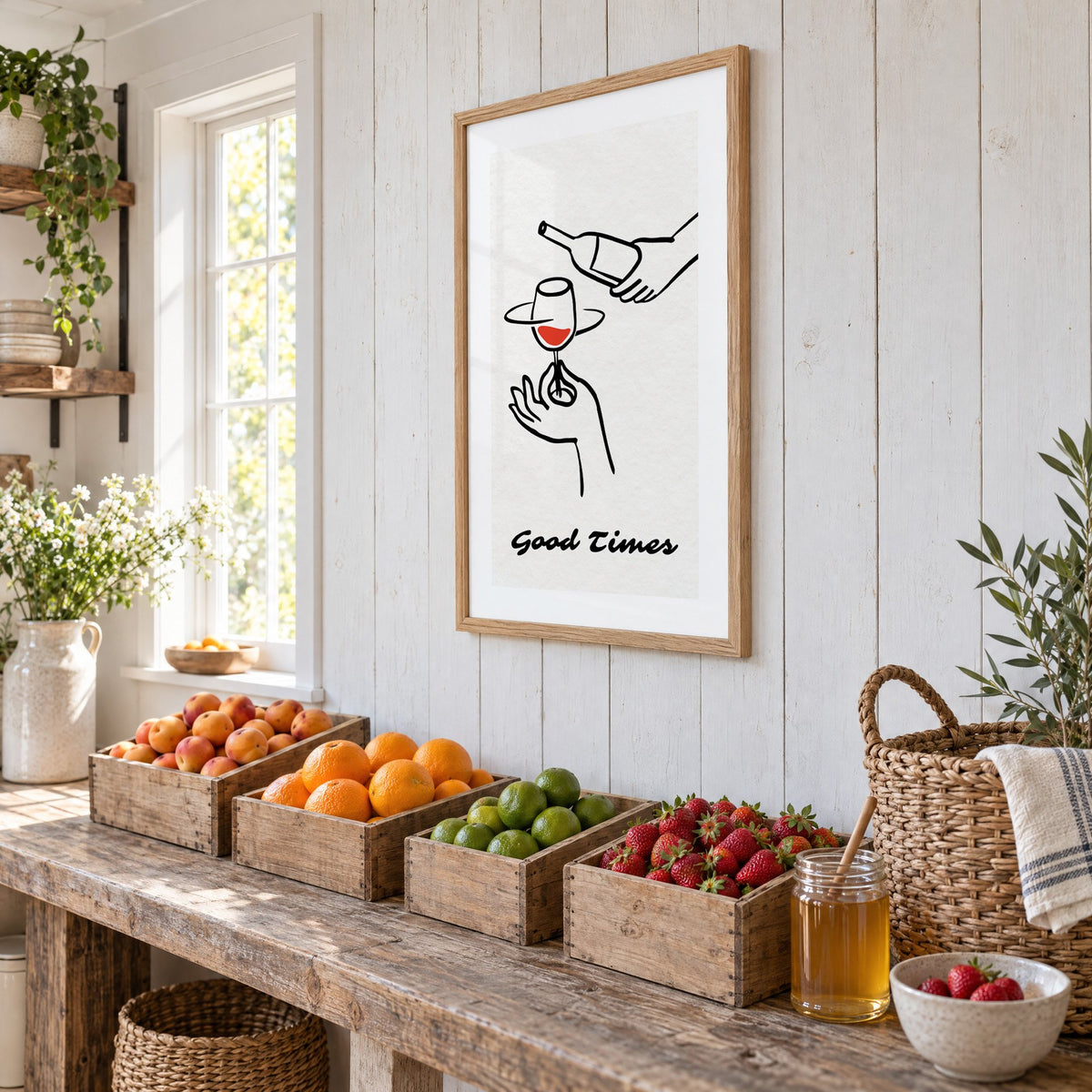 Good Times wine bottle and glass line print in an oak frame on white plank walls above wooden crates of fresh fruit, seen at an angle