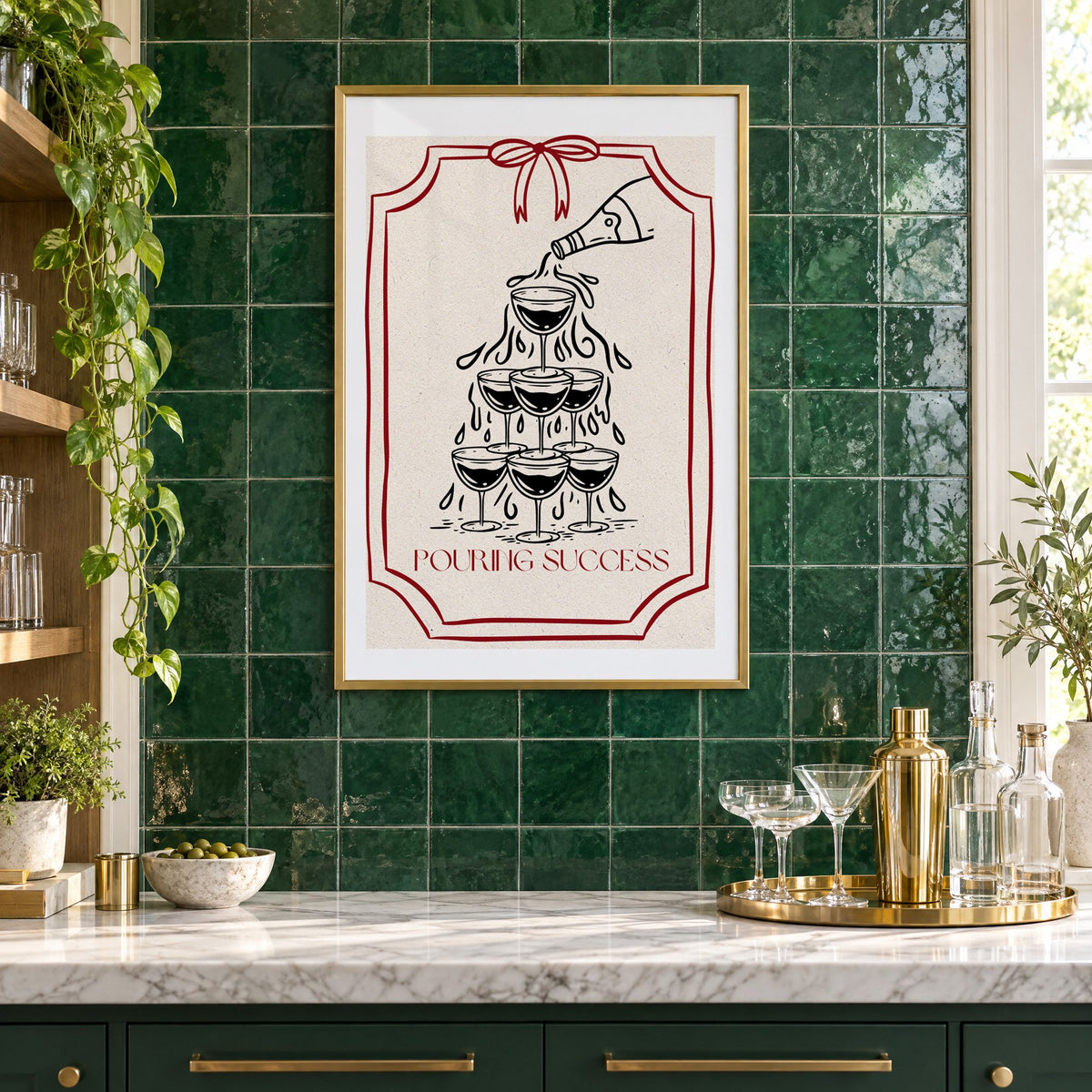 POURING SUCCESS champagne tower print in a brass frame on emerald green tiles above a home bar with coupe glasses