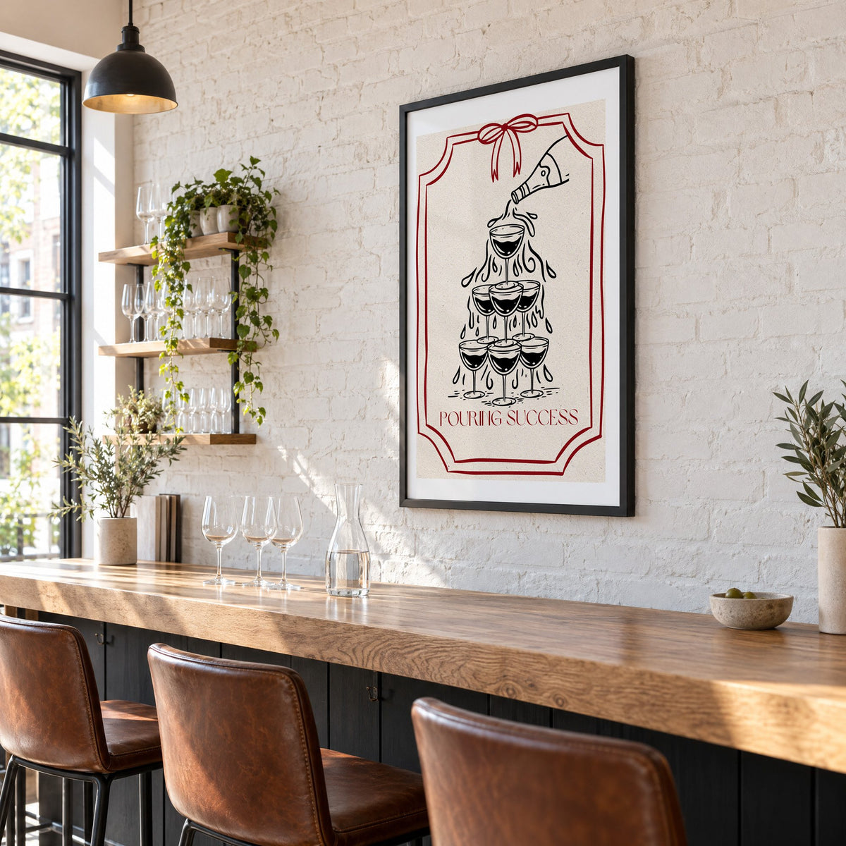 POURING SUCCESS champagne tower print in a black frame on a white brick wall above a wine bar counter