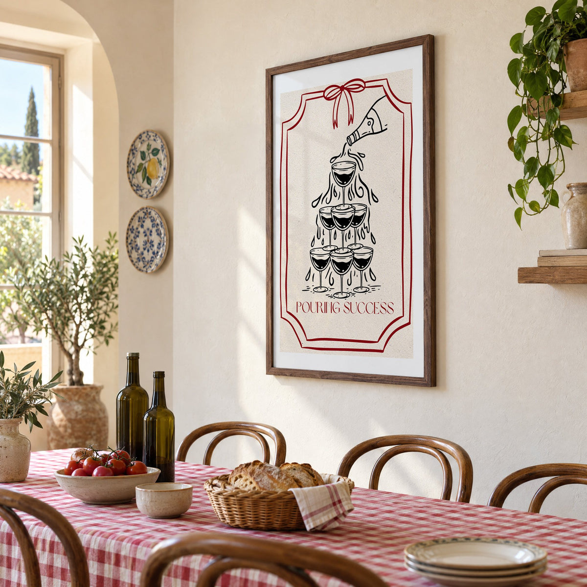 POURING SUCCESS champagne tower print in a walnut frame above a gingham-covered trattoria table, seen at an angle