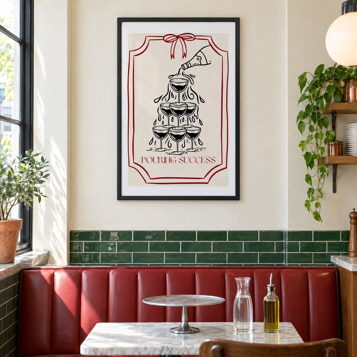 POURING SUCCESS champagne tower print in a black frame above a red leather booth in a sunny pizzeria
