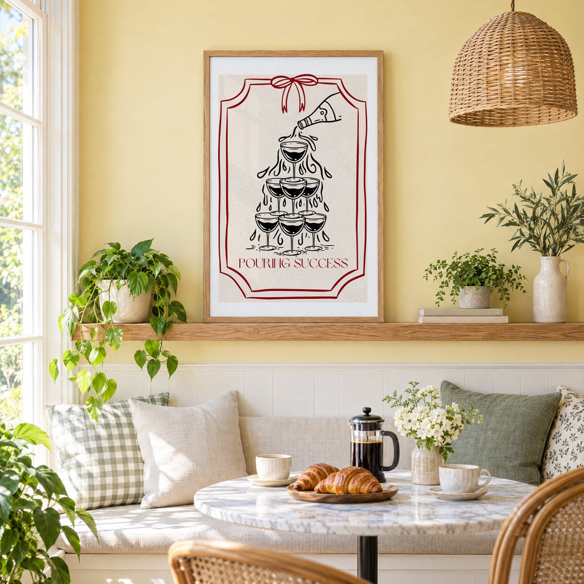 POURING SUCCESS champagne tower print in an oak frame on a picture ledge above a sunny breakfast nook