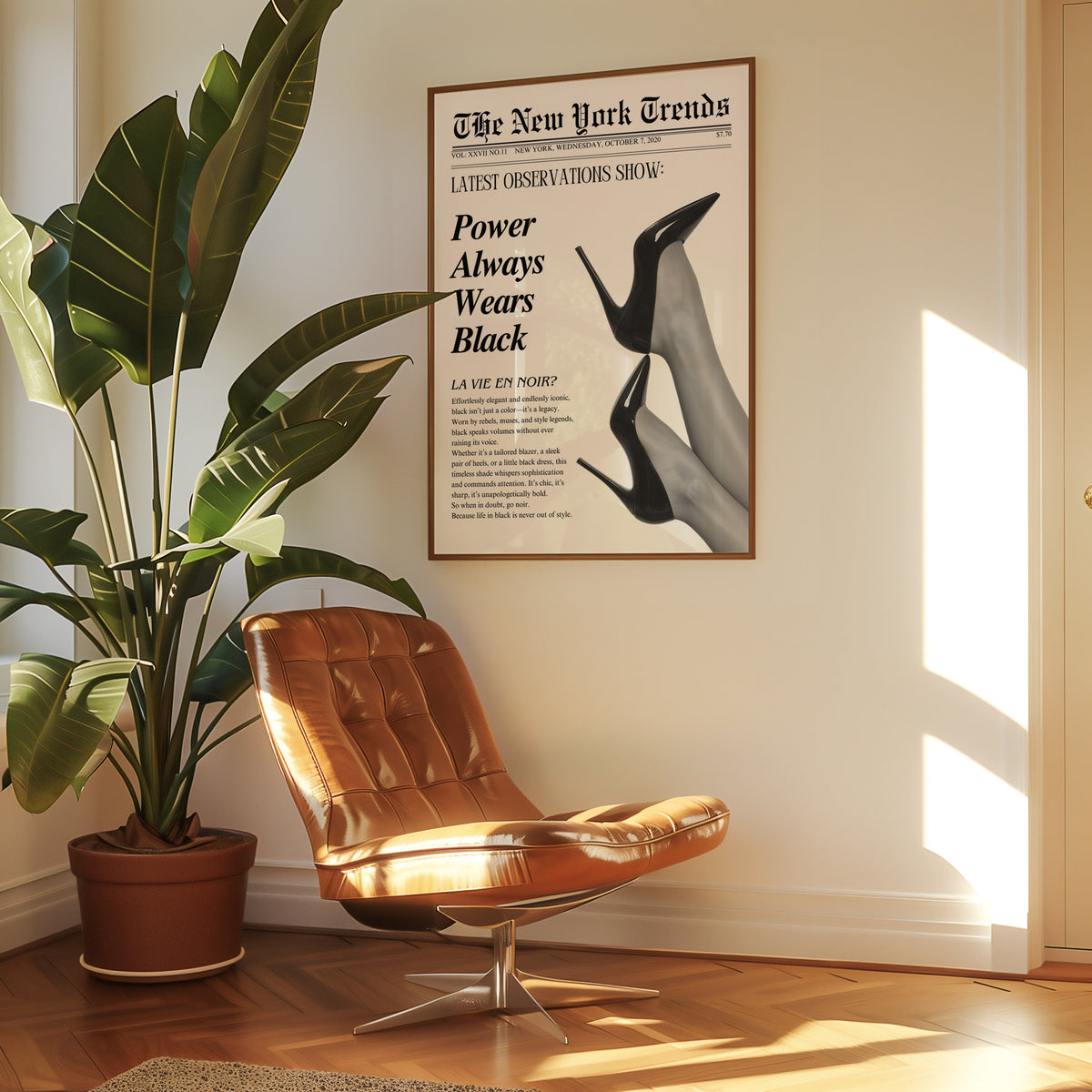 Two pairs of black heels mock newspaper print in a walnut frame above a leather lounge chair