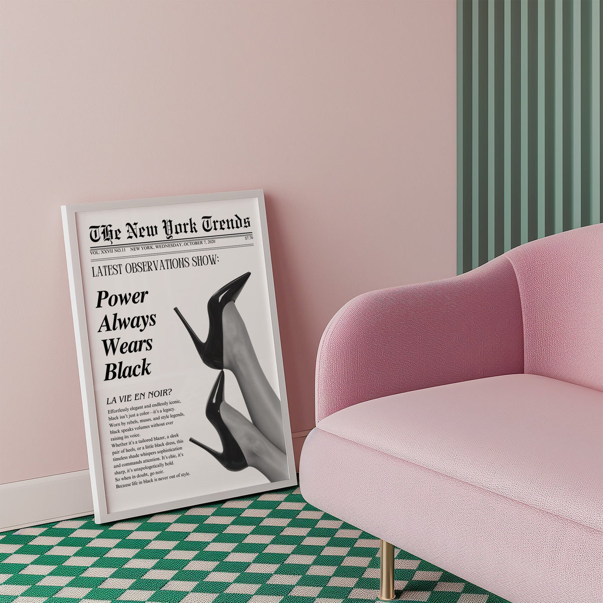 Two pairs of black heels mock newspaper print in a white frame beside a pink armchair on a checkered floor