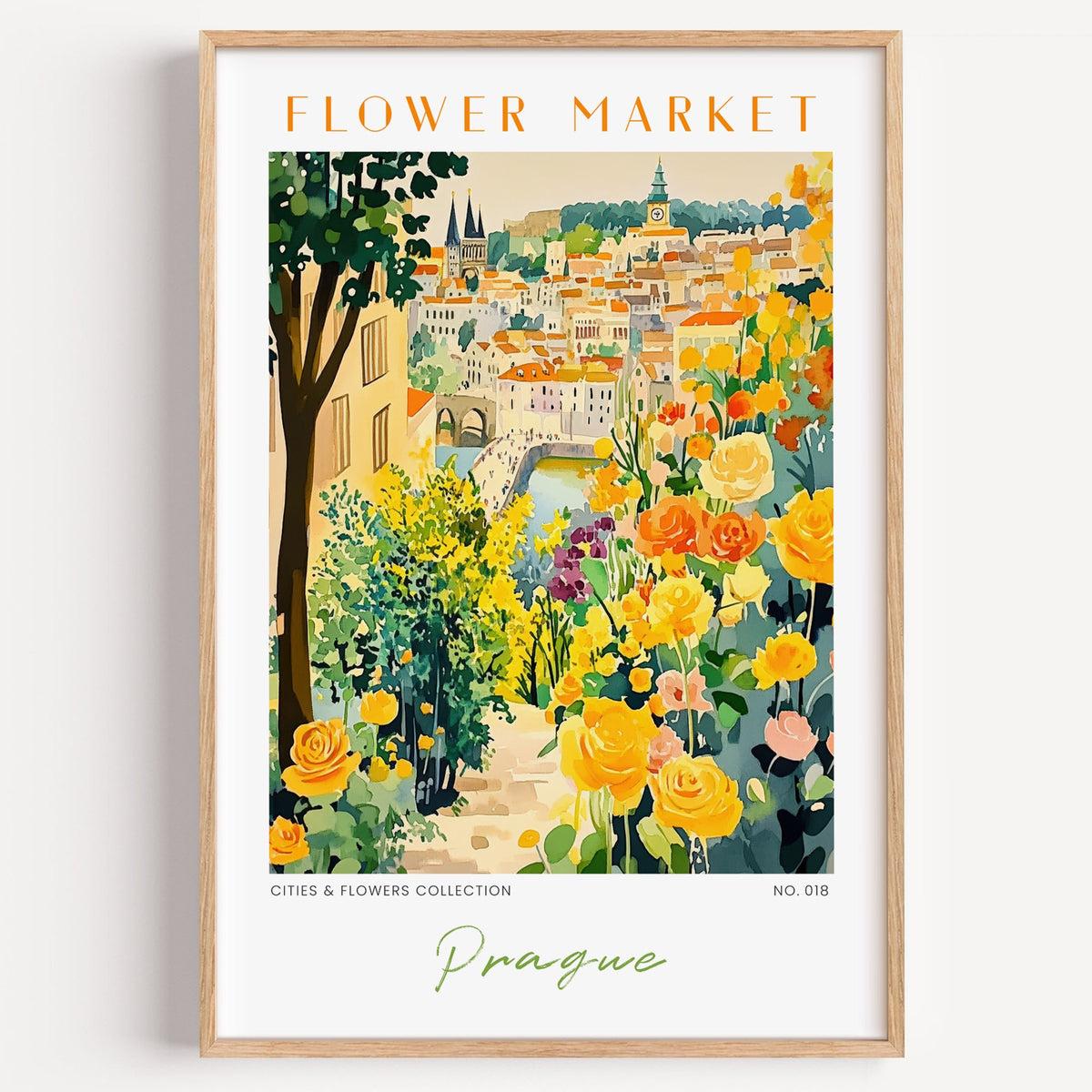 Prague flower market print in a light oak frame on a plain white wall