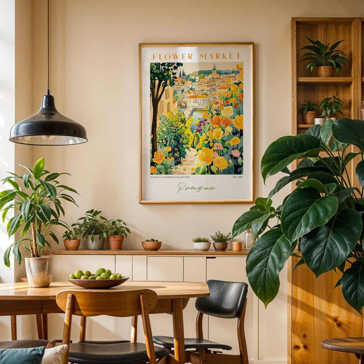 Prague flower market print in an oak frame above a dining sideboard lined with potted plants