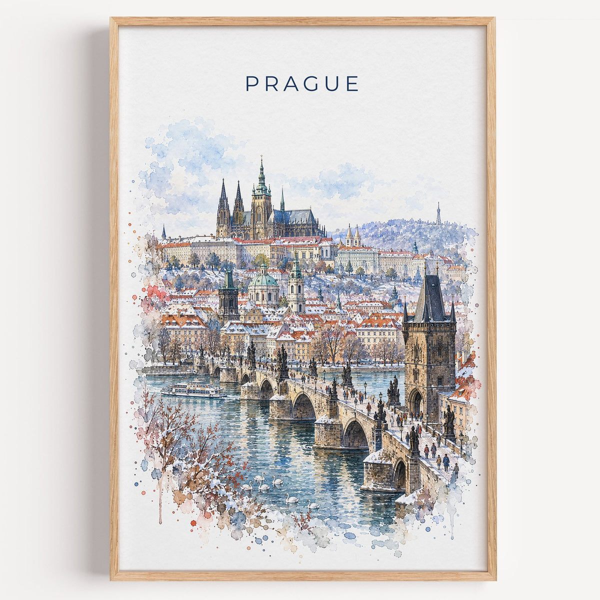 Prague watercolor print in a light oak frame on a plain white wall
