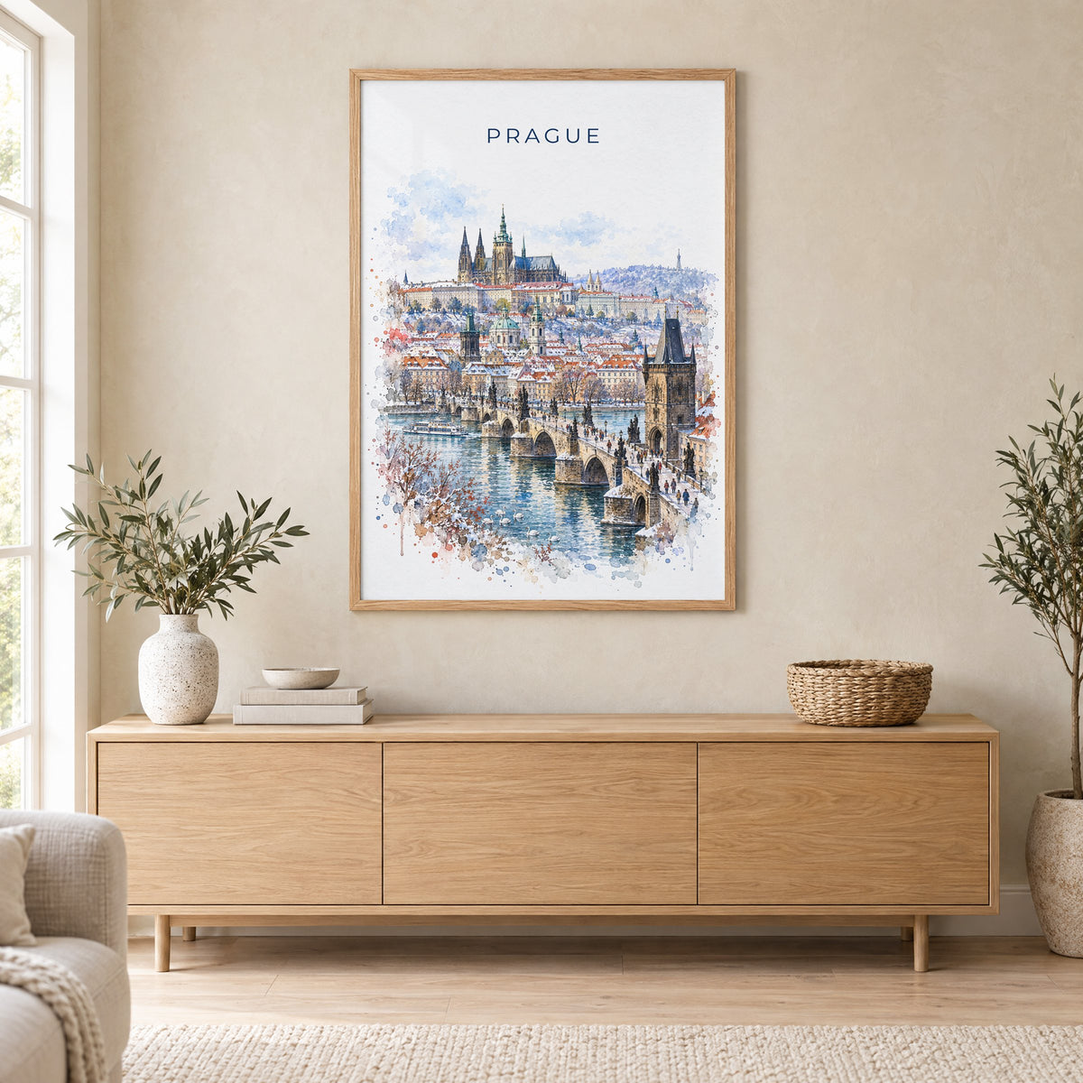 Prague watercolor print in an oak frame above a light wood sideboard in a Scandinavian living room