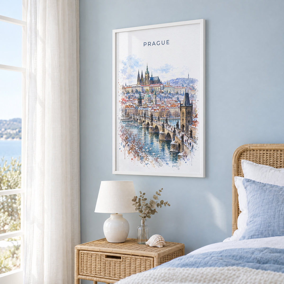 Prague watercolor print in a white frame on a pale blue wall beside a rattan bed in a coastal bedroom