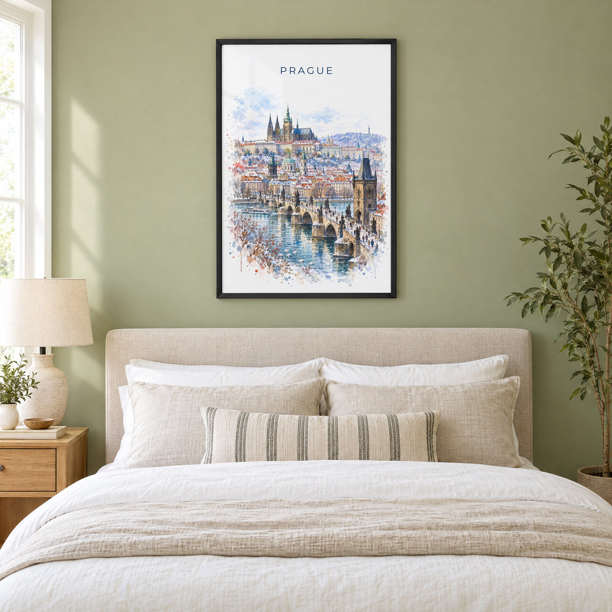 Prague watercolor print in a black frame above an upholstered headboard in a sage green bedroom