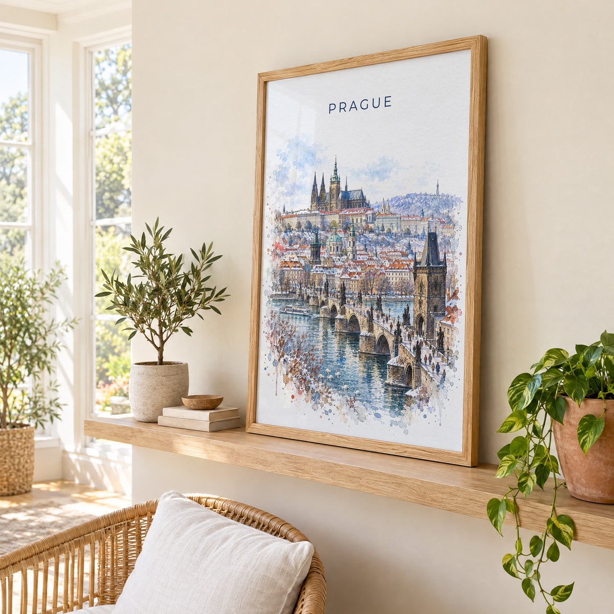 Prague watercolor print in an oak frame on a picture ledge in a sunlit sunroom