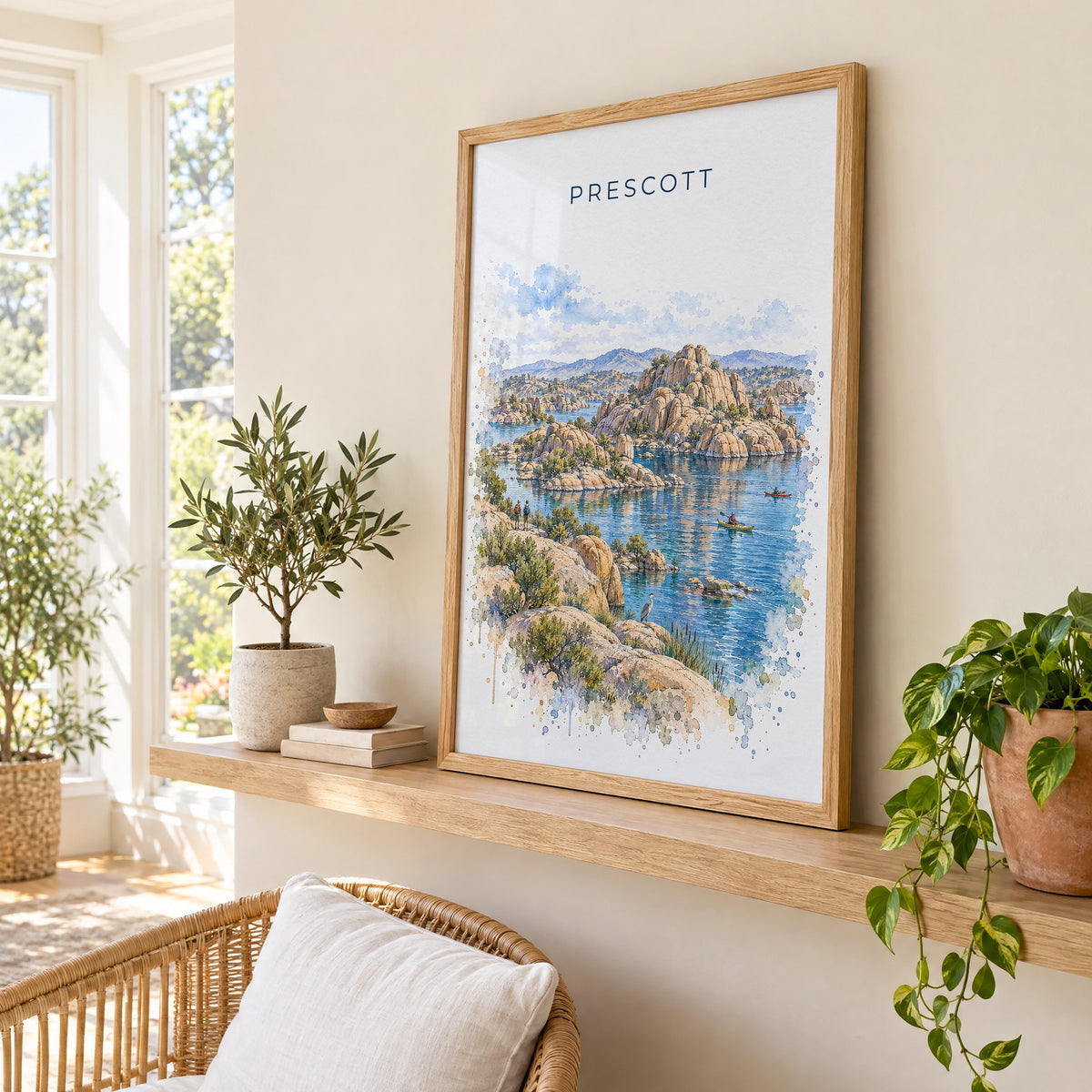 Prescott watercolor print in an oak frame on a picture ledge in a sunlit sunroom