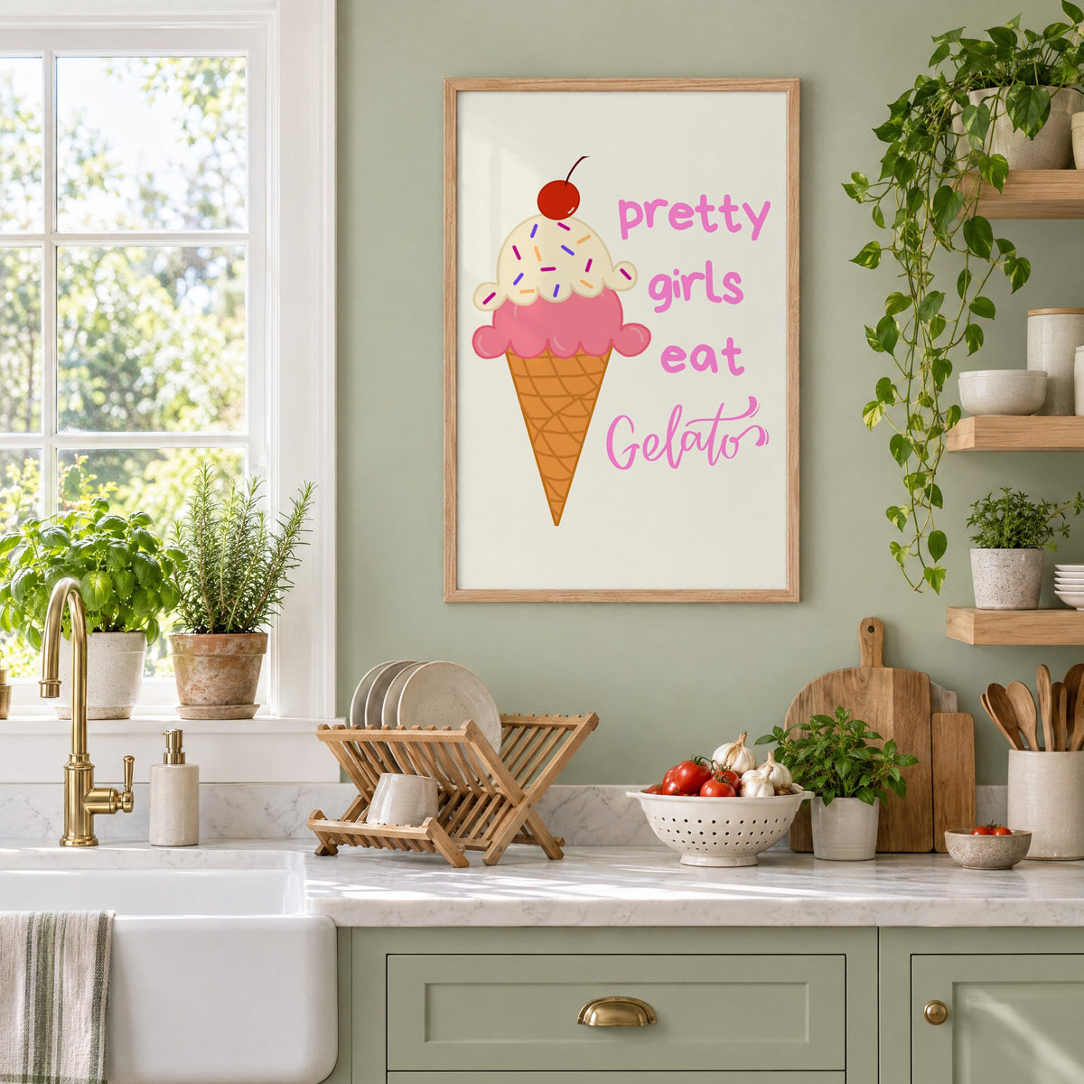 Pretty girls eat Gelato cone print in an oak frame on a sage green kitchen wall beside a farmhouse sink and herbs