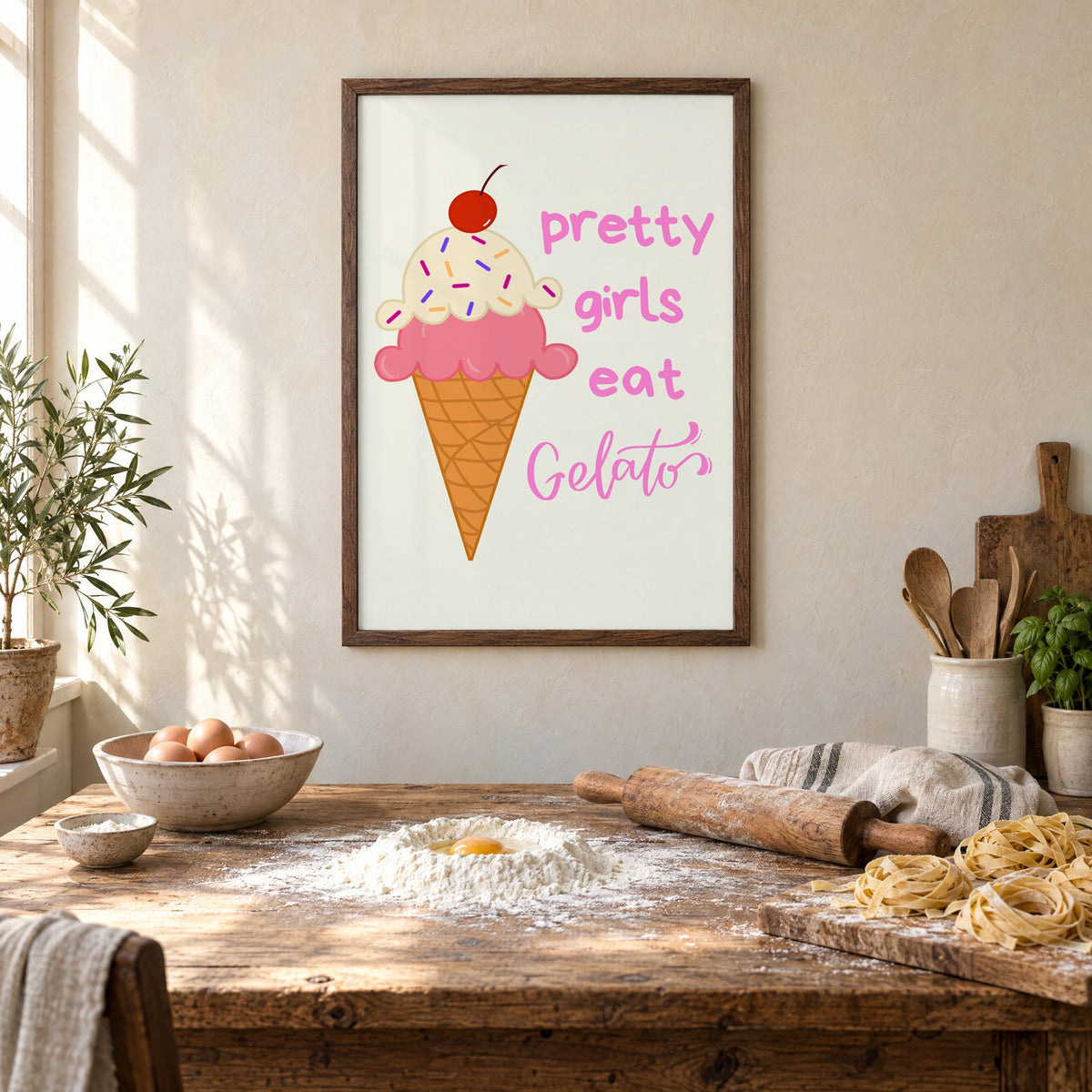Pretty girls eat Gelato cone print in a walnut frame above a rustic table set for making fresh pasta