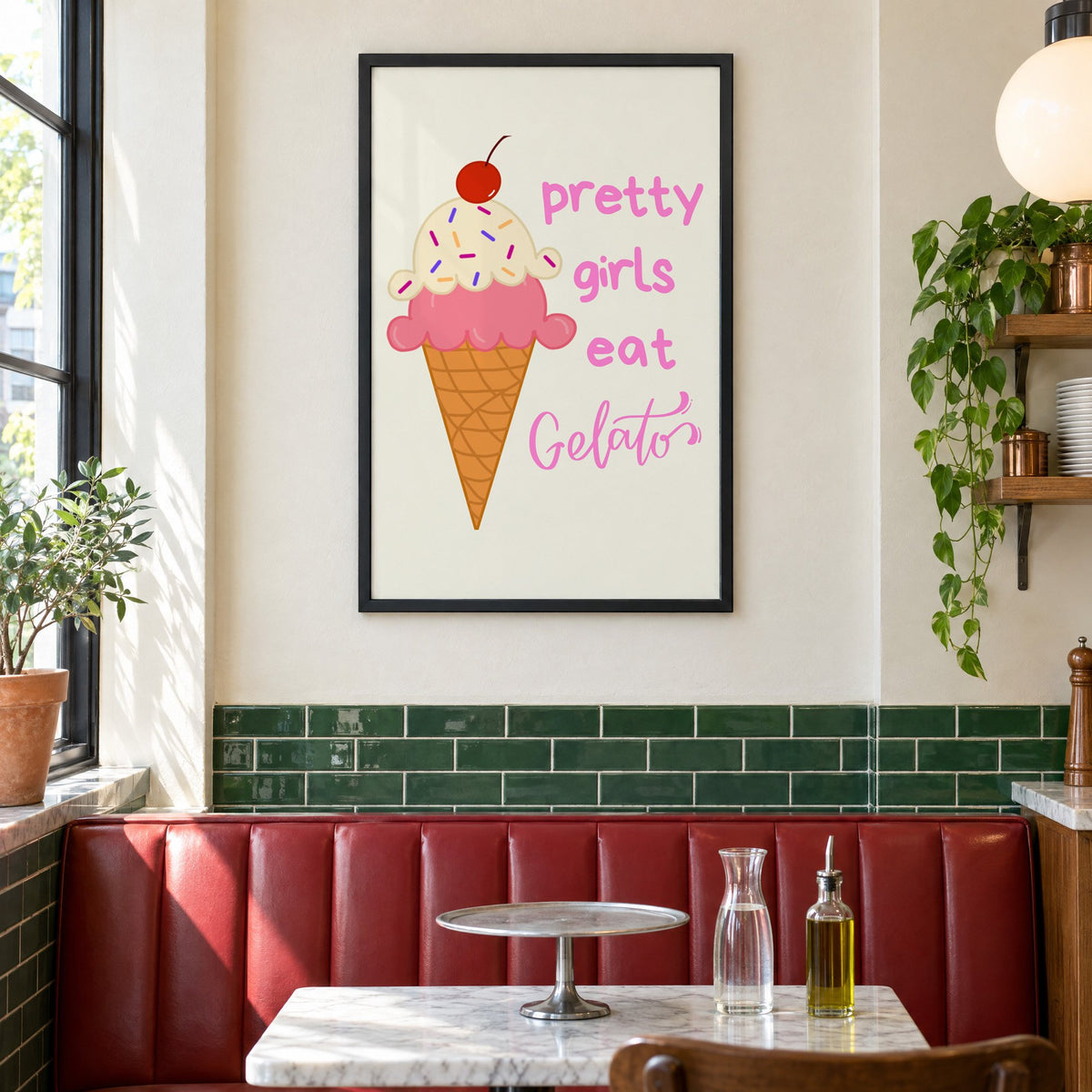 Pretty girls eat Gelato cone print in a black frame above a red leather booth in a sunny pizzeria