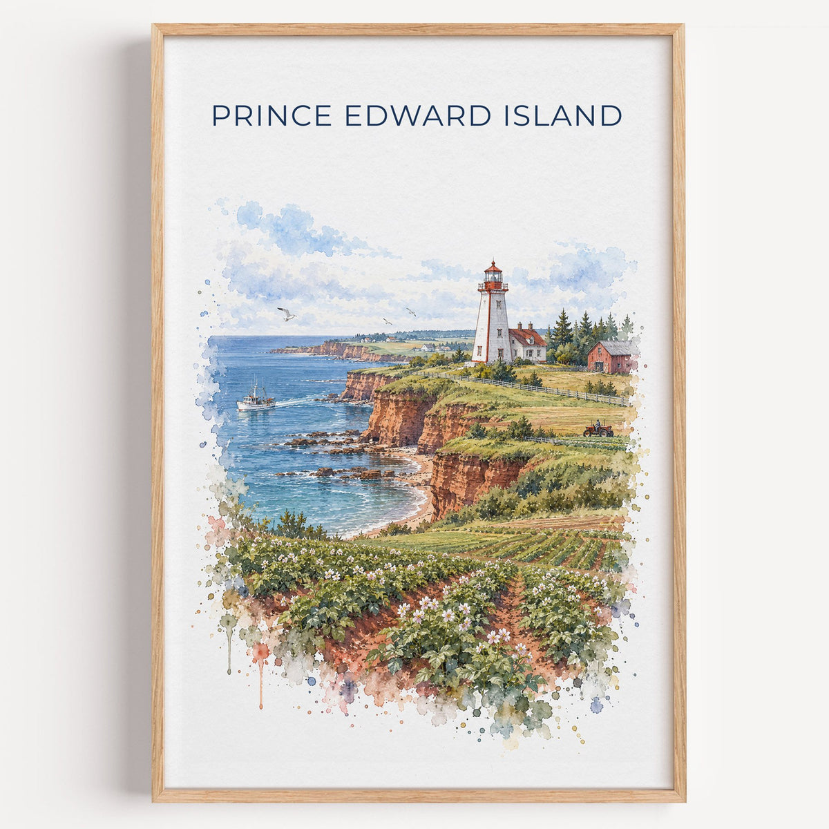 Prince Edward Island watercolor print in a light oak frame on a plain white wall
