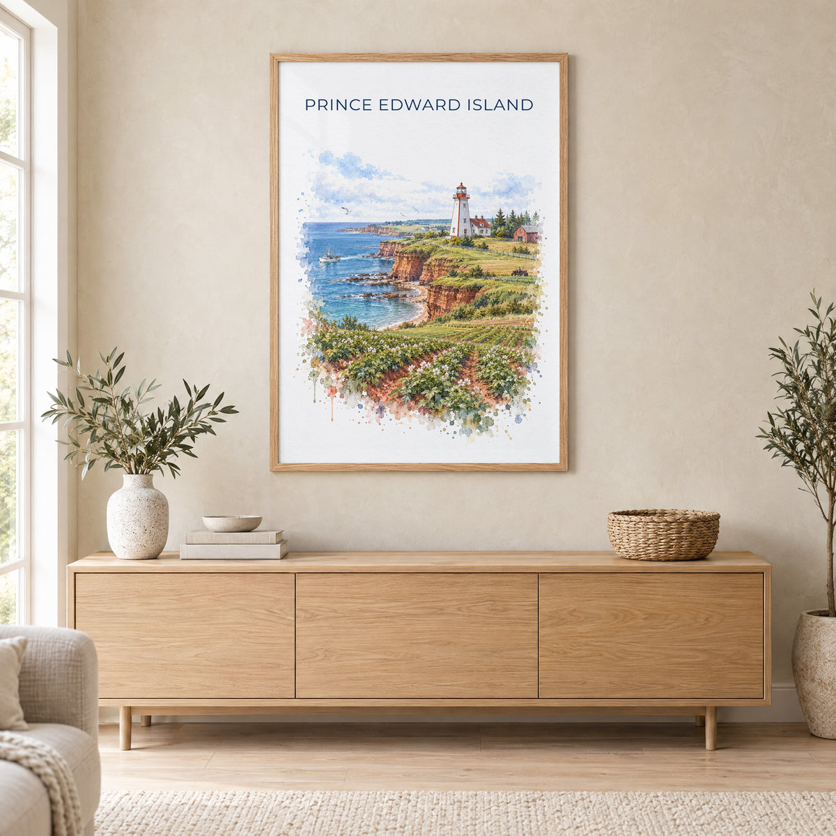 Prince Edward Island watercolor print in an oak frame above a light wood sideboard in a Scandinavian living room