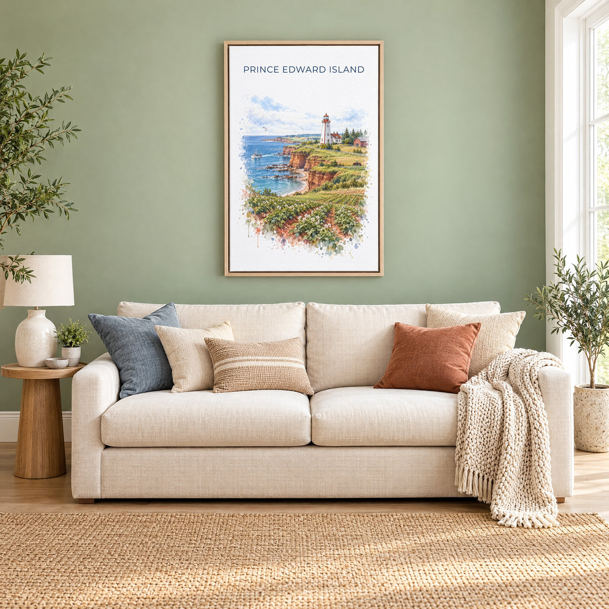Prince Edward Island watercolor print as a natural floater canvas above a cream linen sofa on a sage green wall