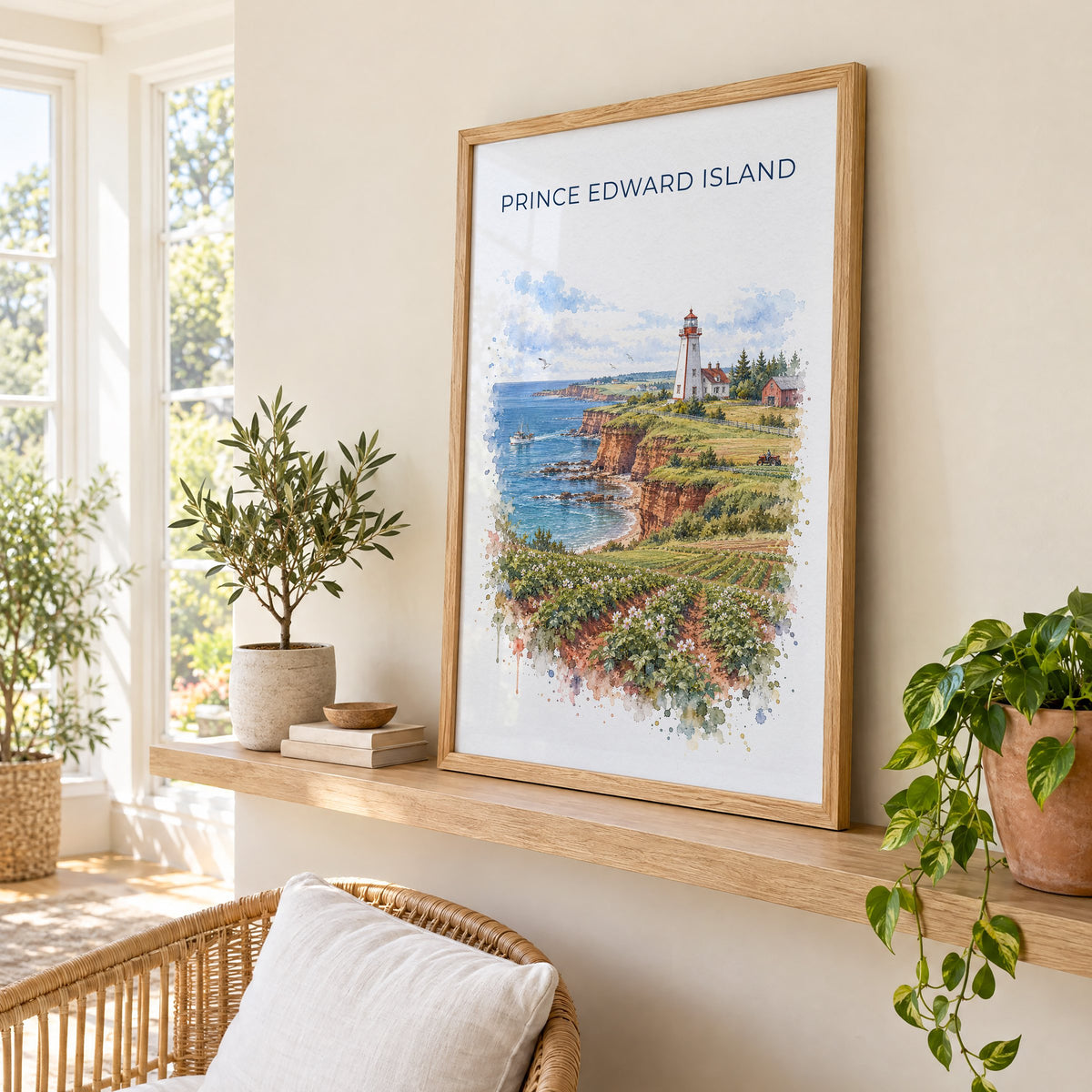 Prince Edward Island watercolor print in an oak frame on a picture ledge in a sunlit sunroom