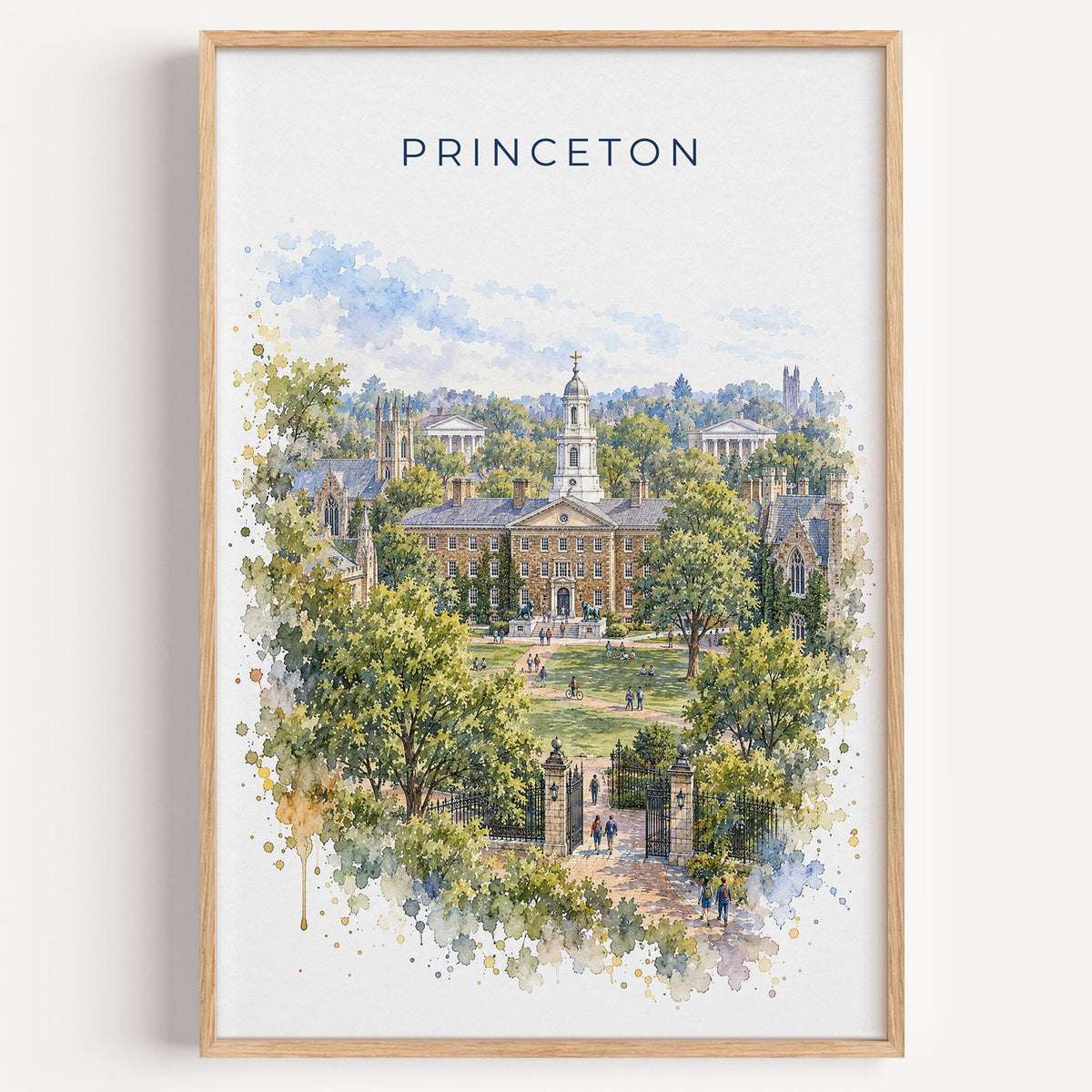 Princeton watercolor print in a light oak frame on a plain white wall