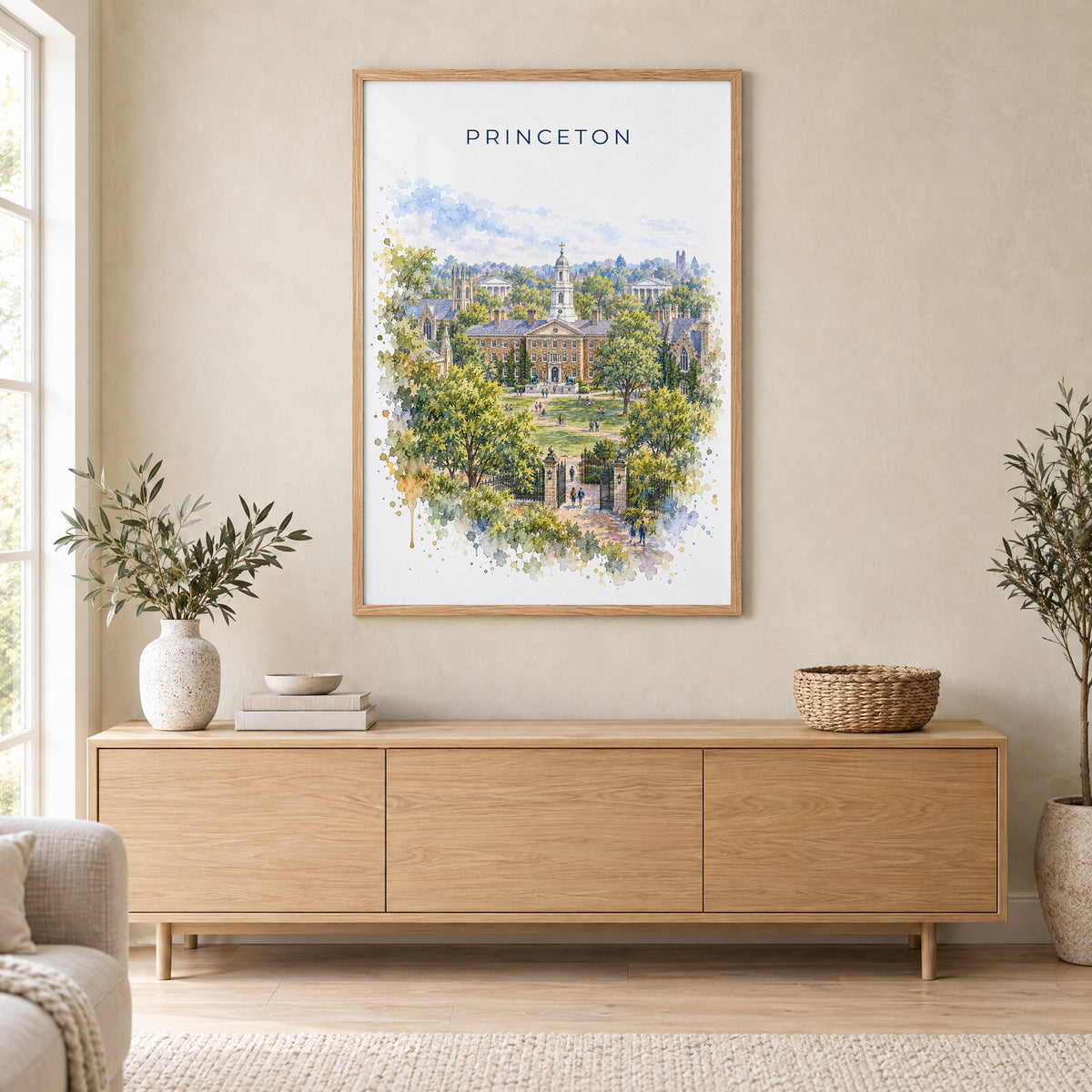Princeton watercolor print in an oak frame above a light wood sideboard in a Scandinavian living room
