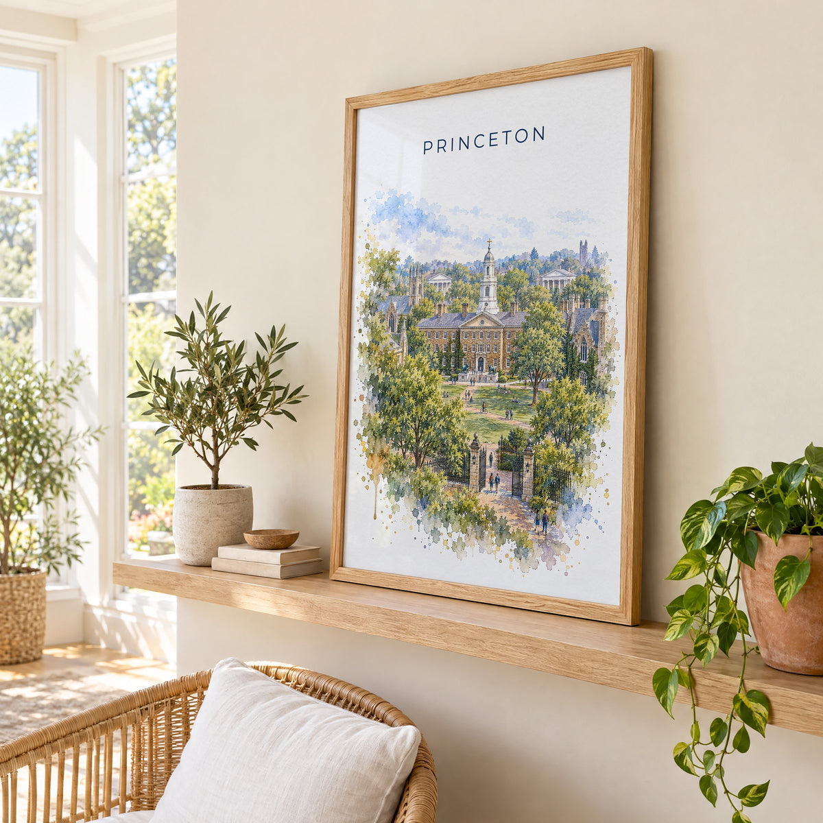 Princeton watercolor print in an oak frame on a picture ledge in a sunlit sunroom