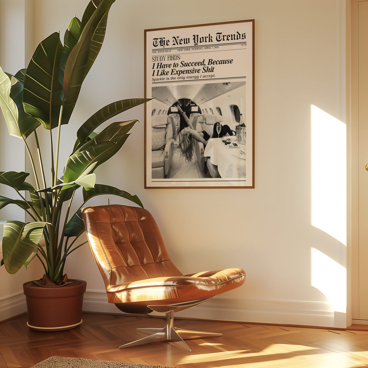 Woman with champagne in private jet mock newspaper print in a walnut frame above a leather lounge chair