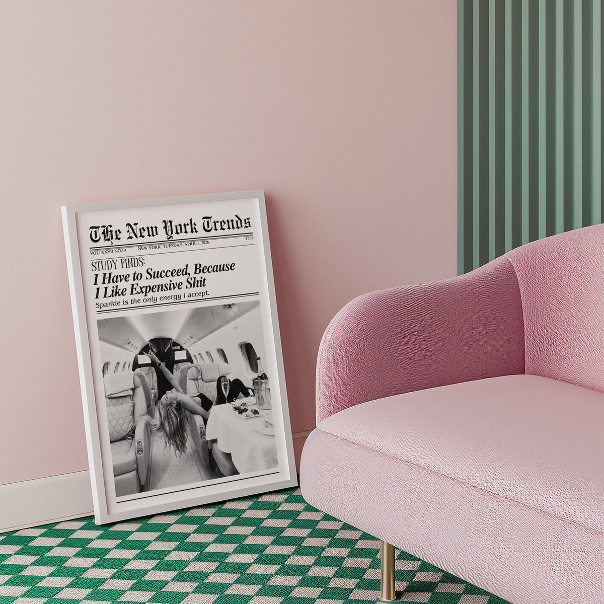 Woman with champagne in private jet mock newspaper print in a white frame beside a pink armchair on a checkered floor