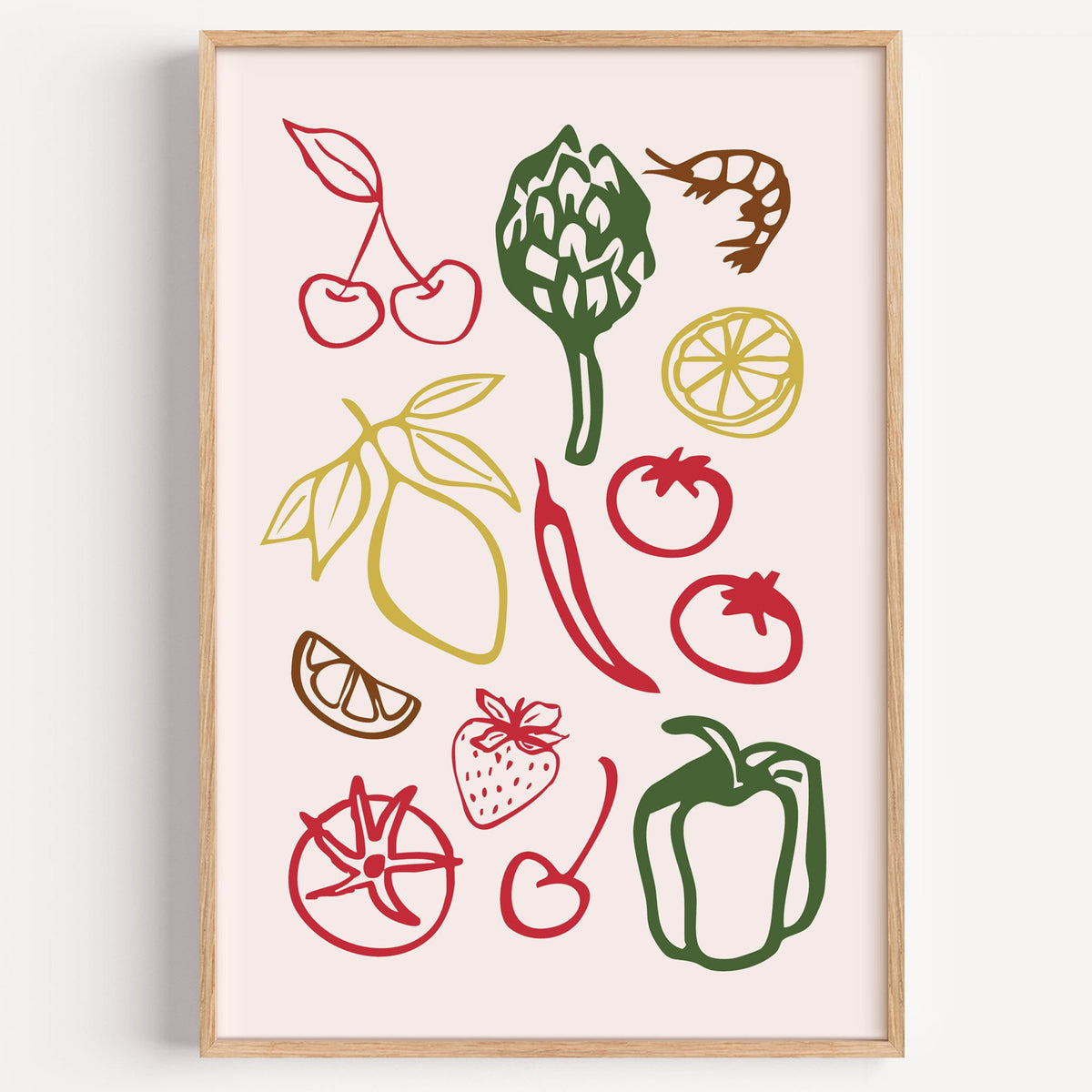Multicolor produce doodle pattern print in a light oak frame on a plain white wall