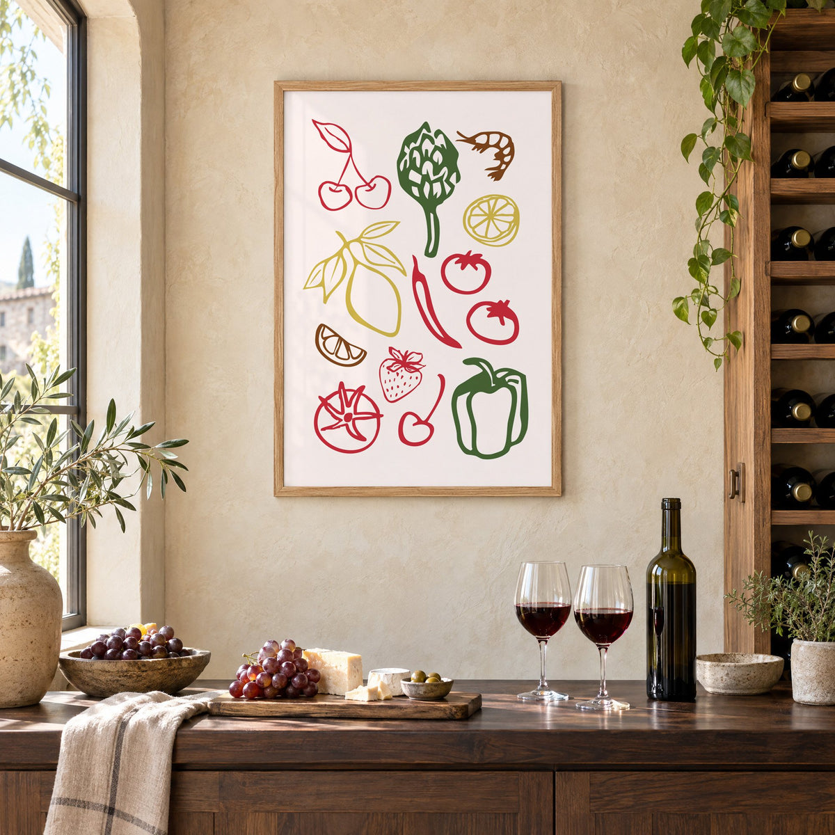 Multicolor produce doodle pattern print in an oak frame on a limewashed wall above a wine counter with red wine, cheese and grapes