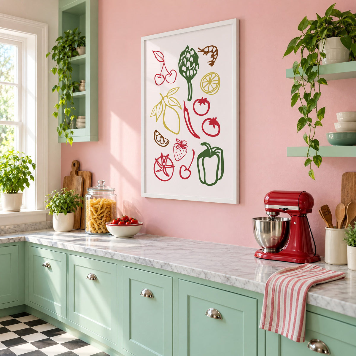 Multicolor produce doodle pattern print in a white frame on a pink wall above mint green cabinets in a retro kitchen, seen at an angle