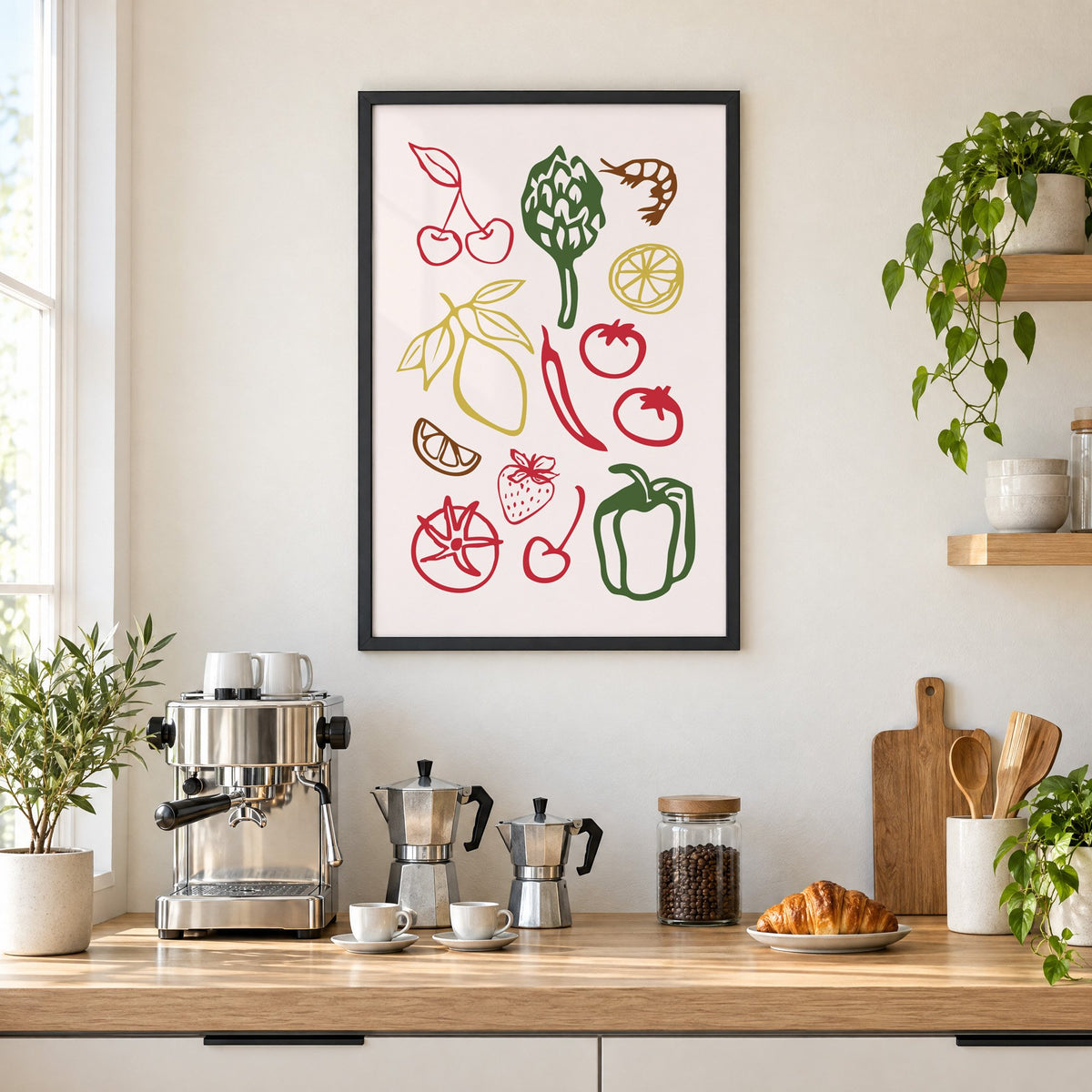 Multicolor produce doodle pattern print in a black frame above a home espresso bar with moka pots and espresso cups