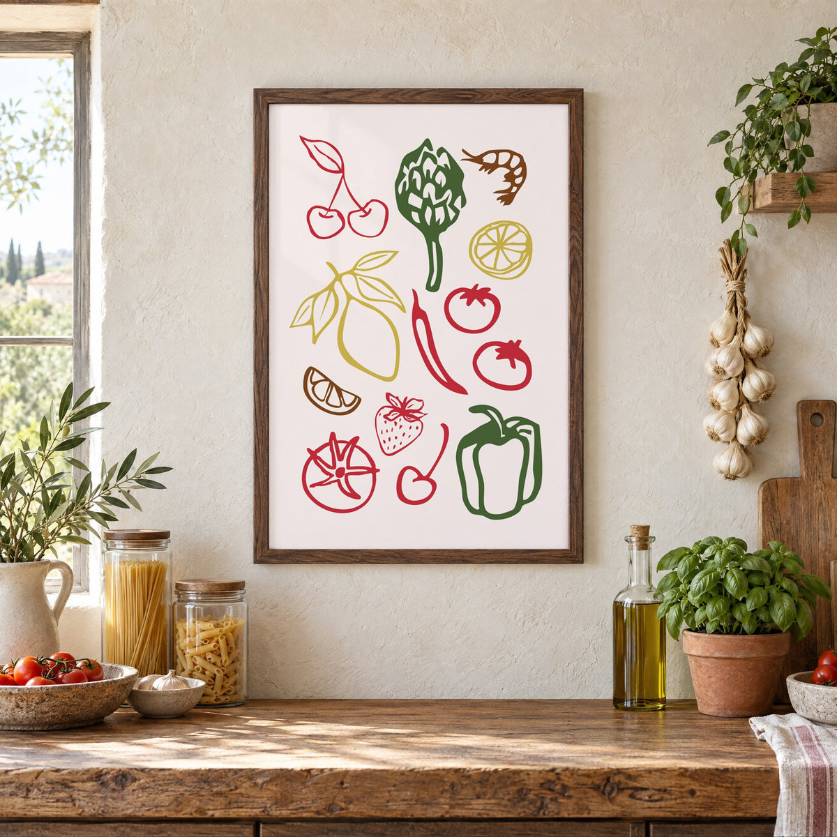 Multicolor produce doodle pattern print in a walnut frame above a rustic Italian pantry counter with pasta jars, garlic and tomatoes