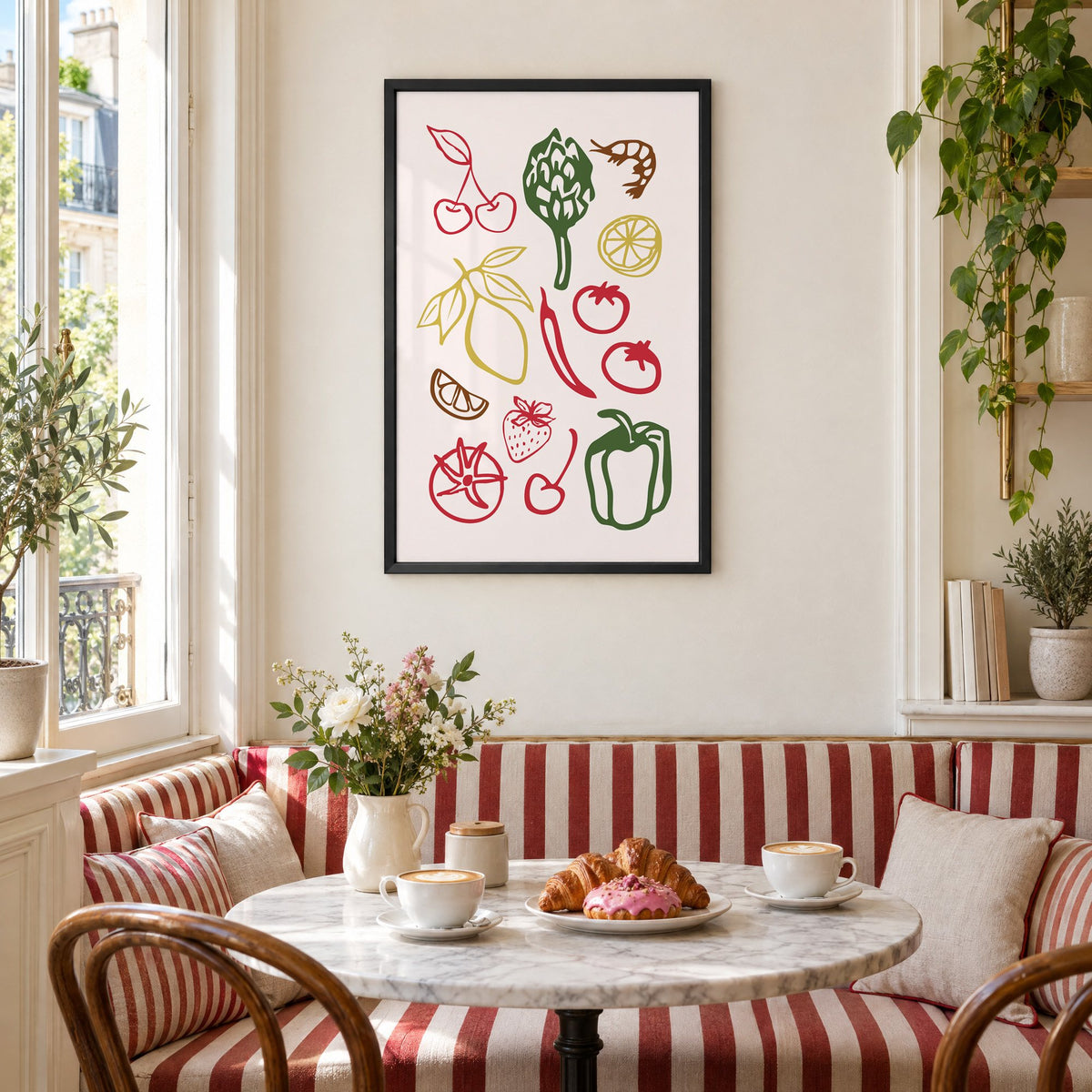 Multicolor produce doodle pattern print in a black frame above a striped cafe breakfast nook with cappuccino and pastries