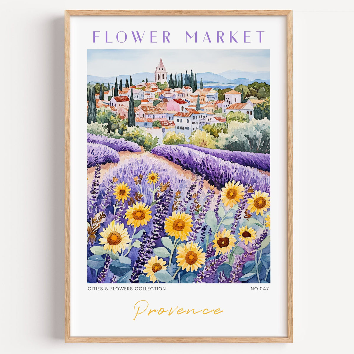 Provence flower market print in a light oak frame on a plain white wall