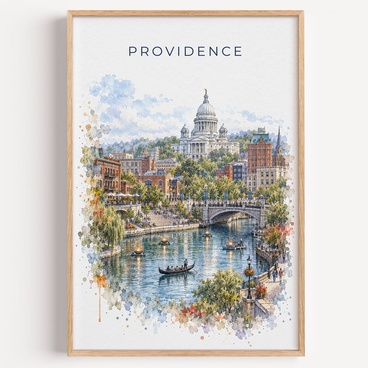 Providence watercolor print in a light oak frame on a plain white wall