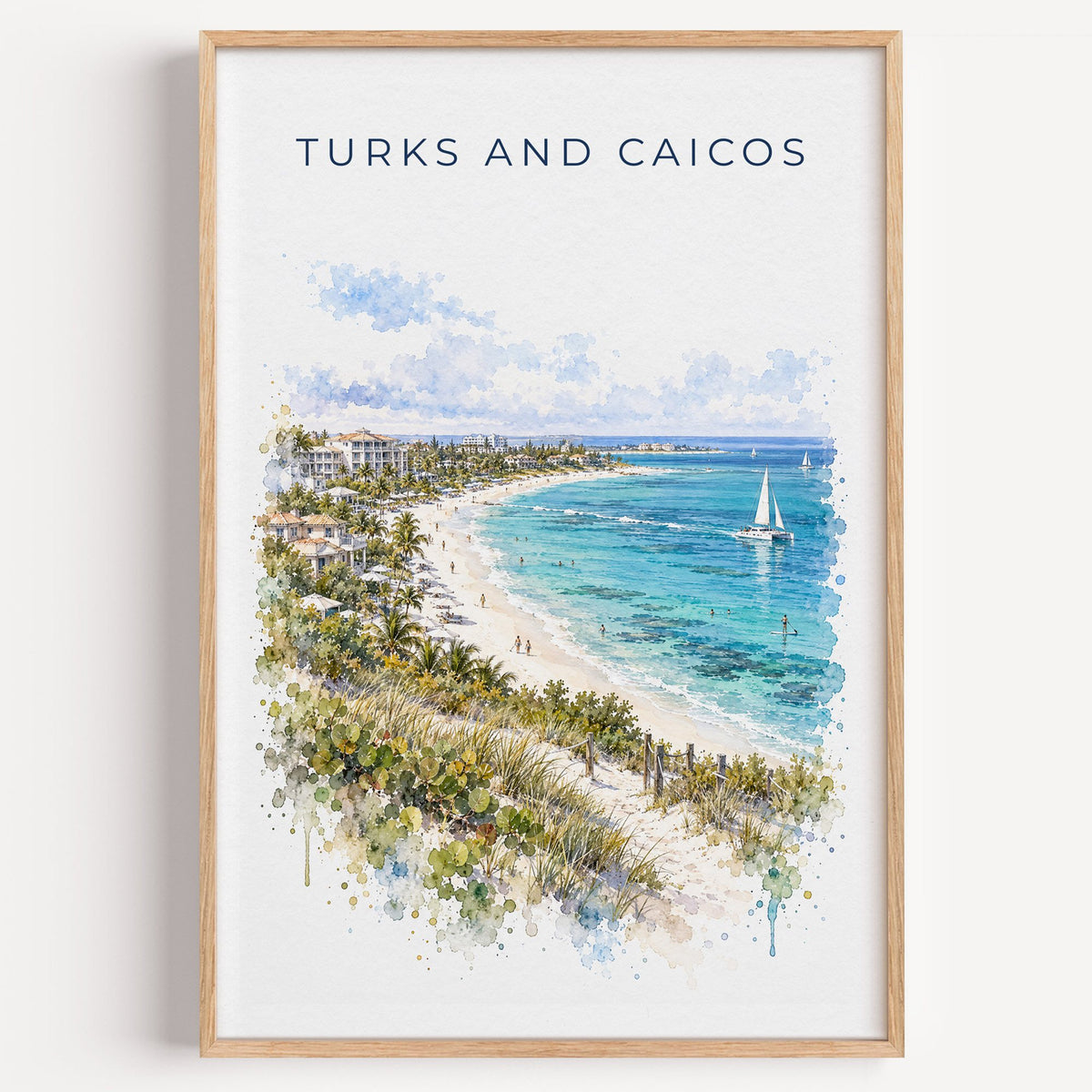 Turks and Caicos watercolor print in a light oak frame on a plain white wall