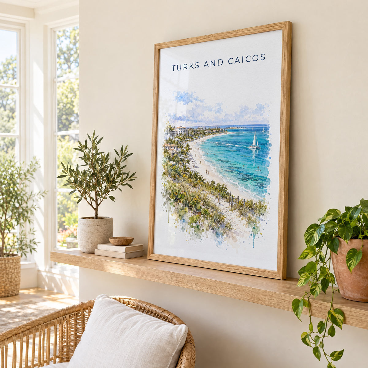 Turks and Caicos watercolor print in an oak frame on a picture ledge in a sunlit sunroom