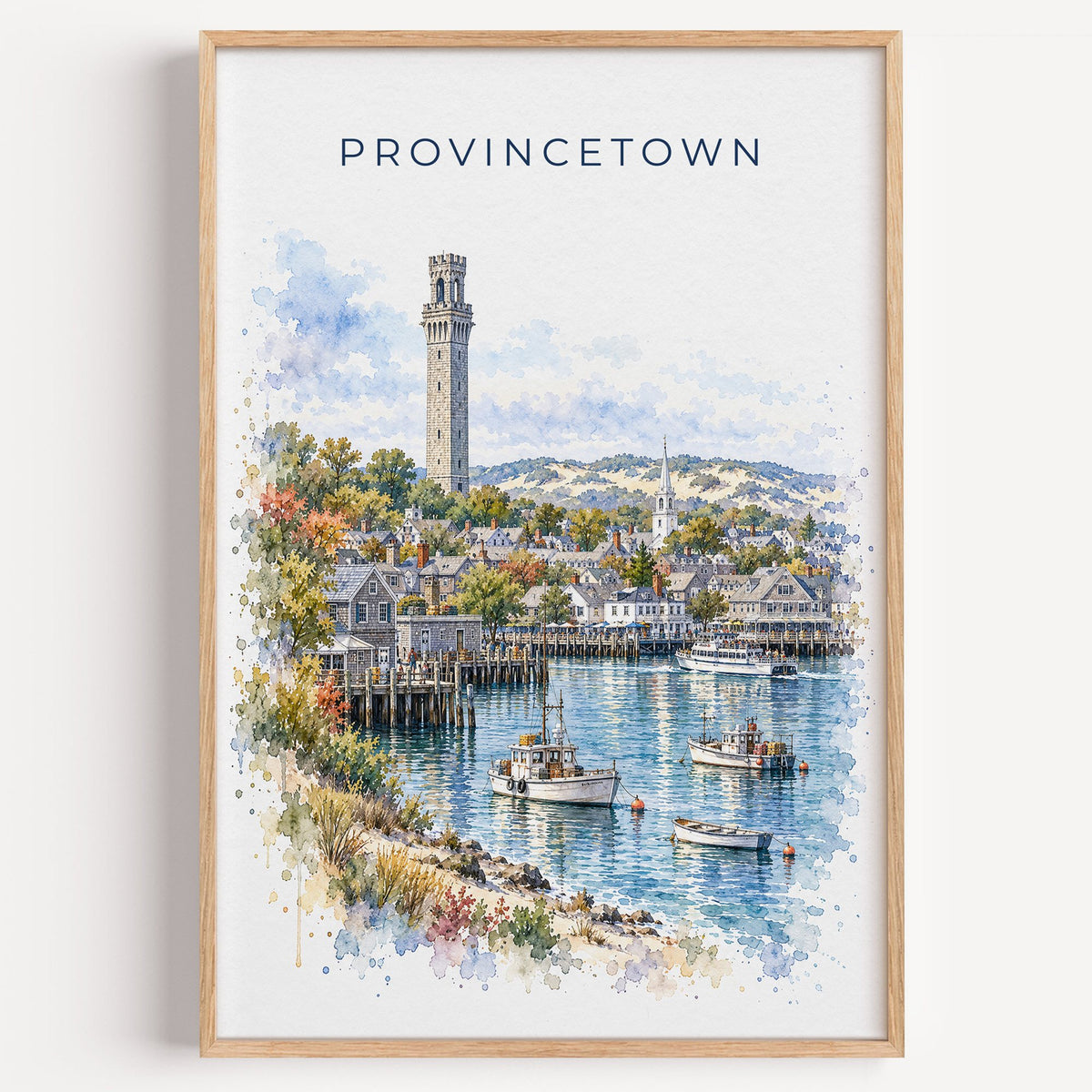 Provincetown watercolor print in a light oak frame on a plain white wall