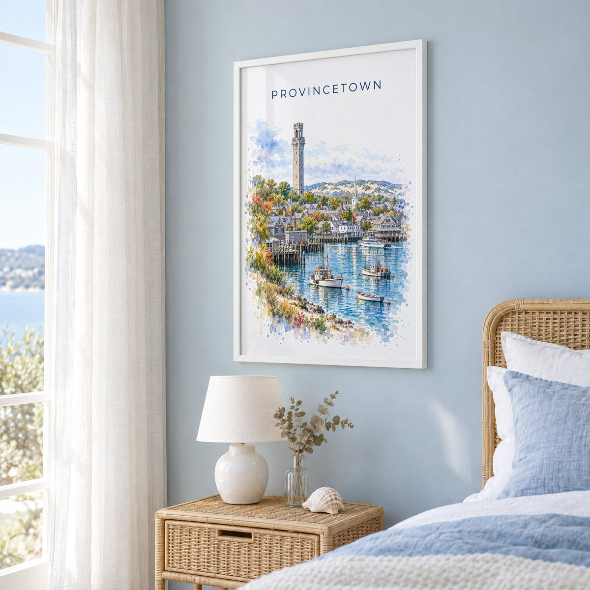 Provincetown watercolor print in a white frame on a pale blue wall beside a rattan bed in a coastal bedroom