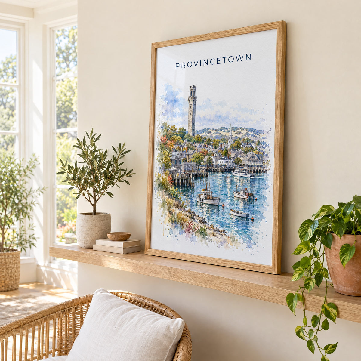 Provincetown watercolor print in an oak frame on a picture ledge in a sunlit sunroom